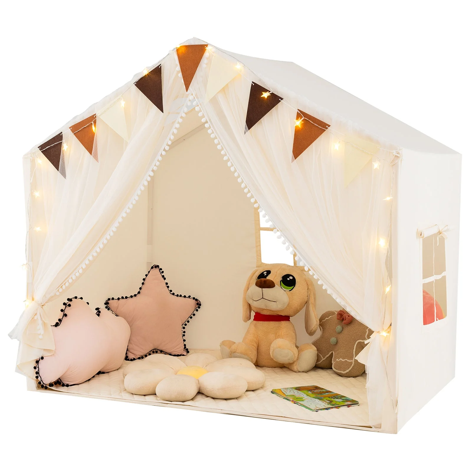 Large Toddler Playhouse Tent with Door Curtains Windows-Beige - Image 3