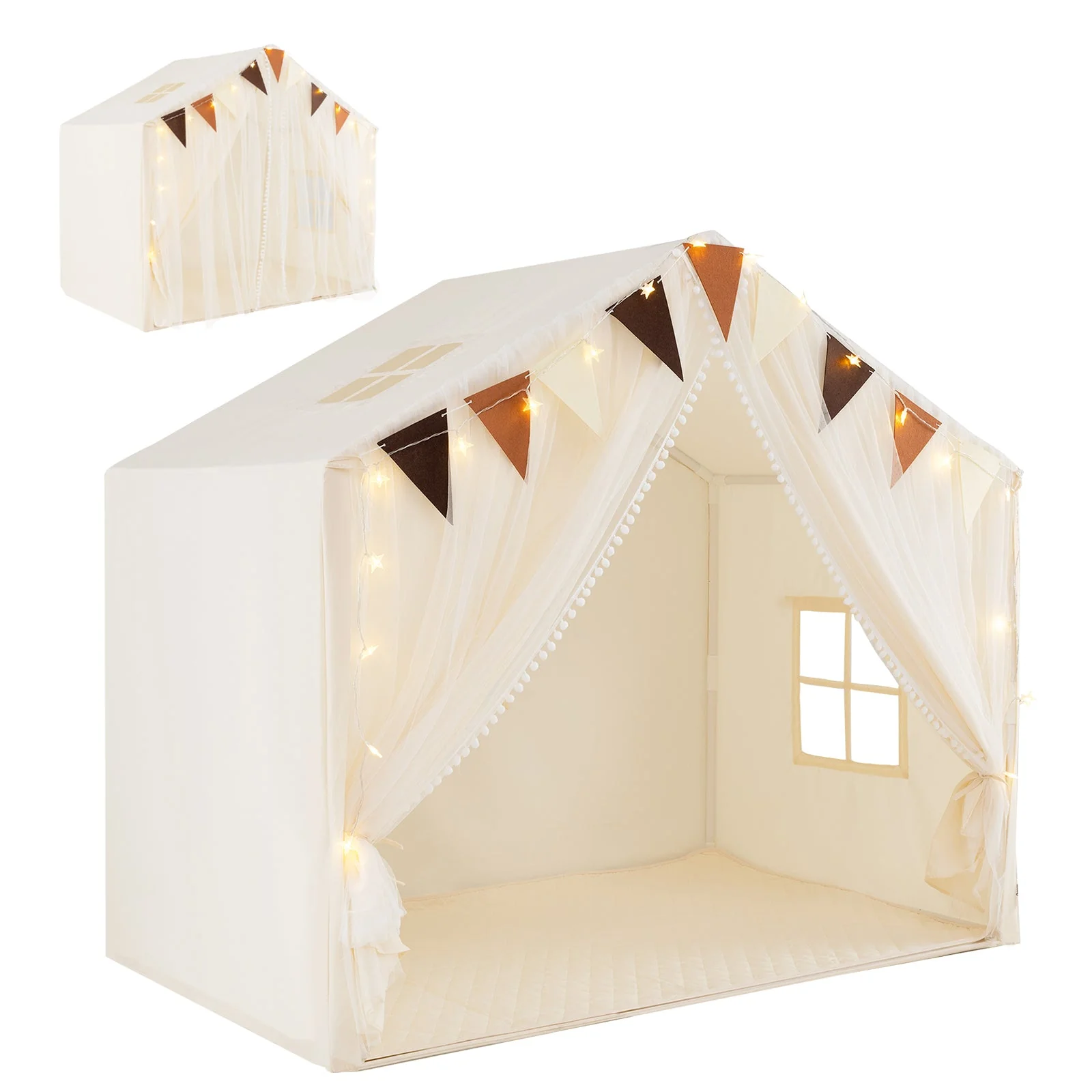 Large Toddler Playhouse Tent with Door Curtains Windows-Beige - Image 4