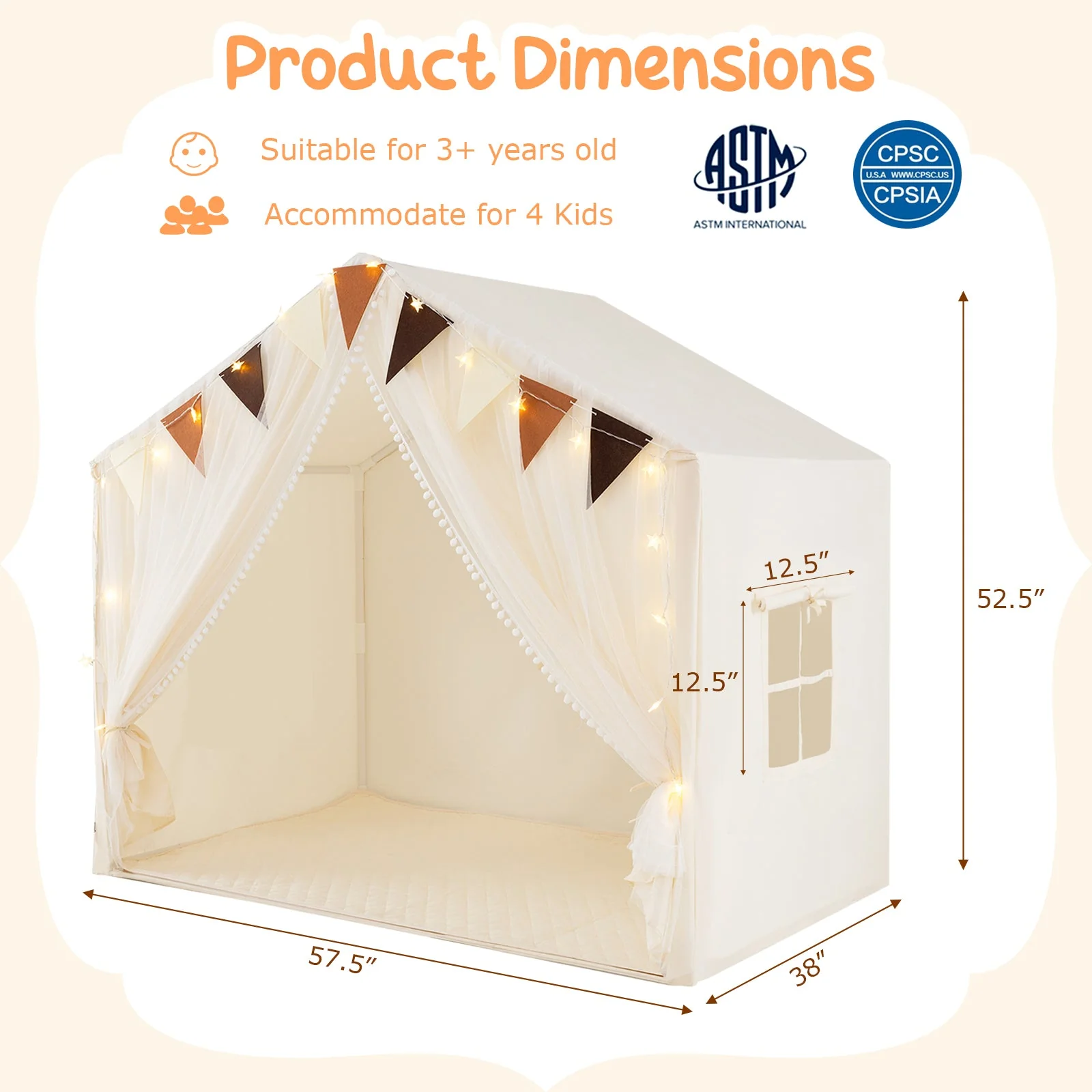 Large Toddler Playhouse Tent with Door Curtains Windows-Beige - Image 5