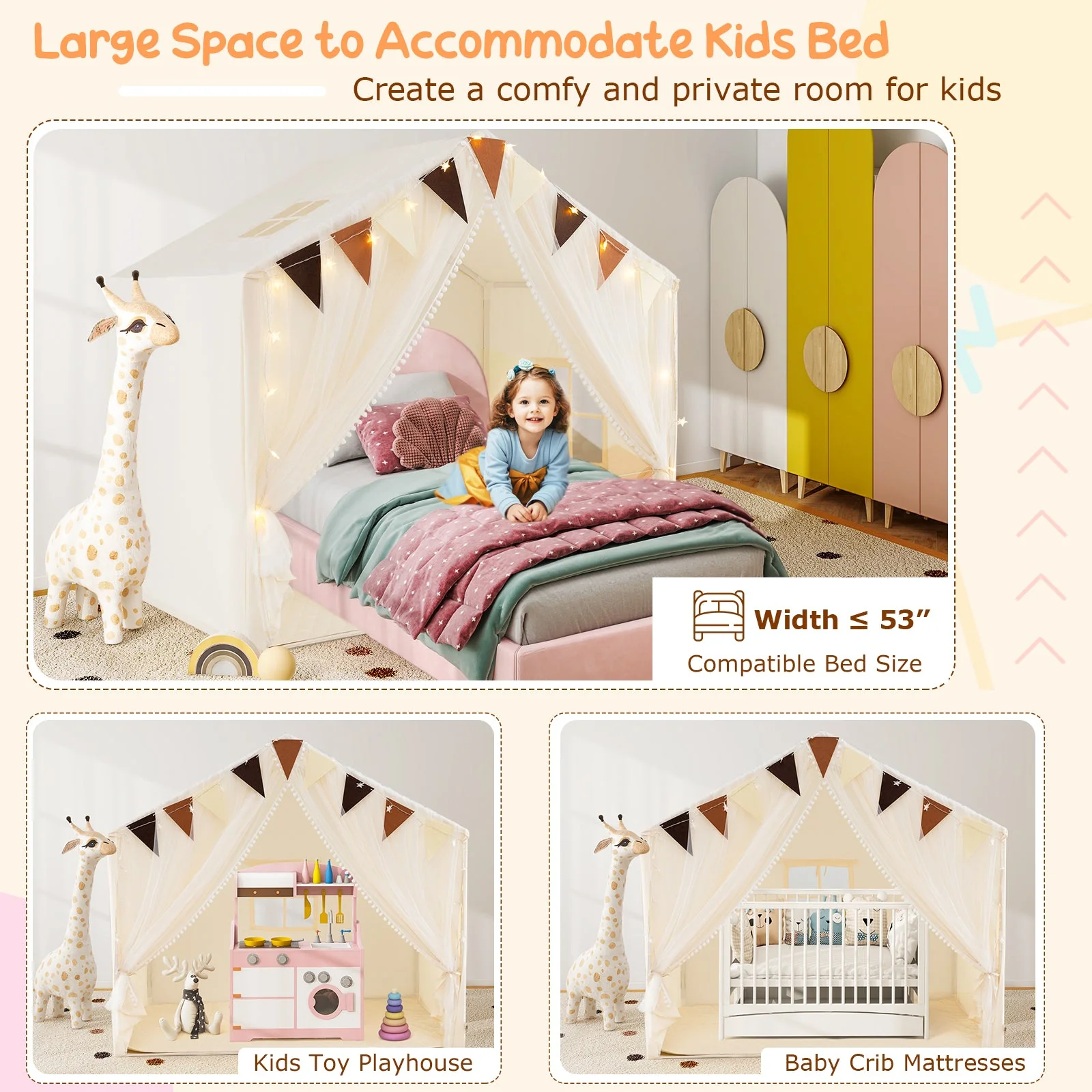 Large Toddler Playhouse Tent with Door Curtains Windows-Beige - Image 6
