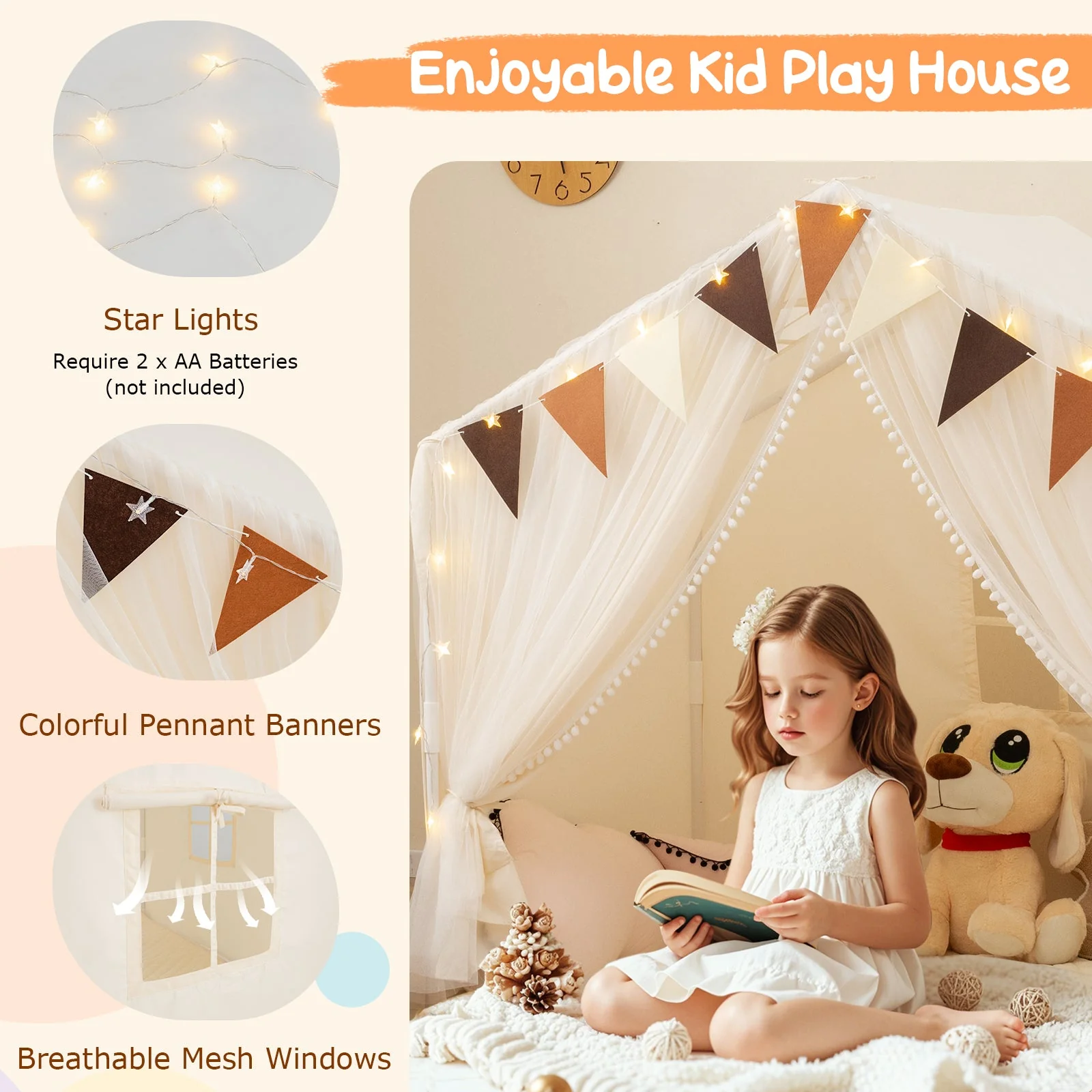 Large Toddler Playhouse Tent with Door Curtains Windows-Beige - Image 7