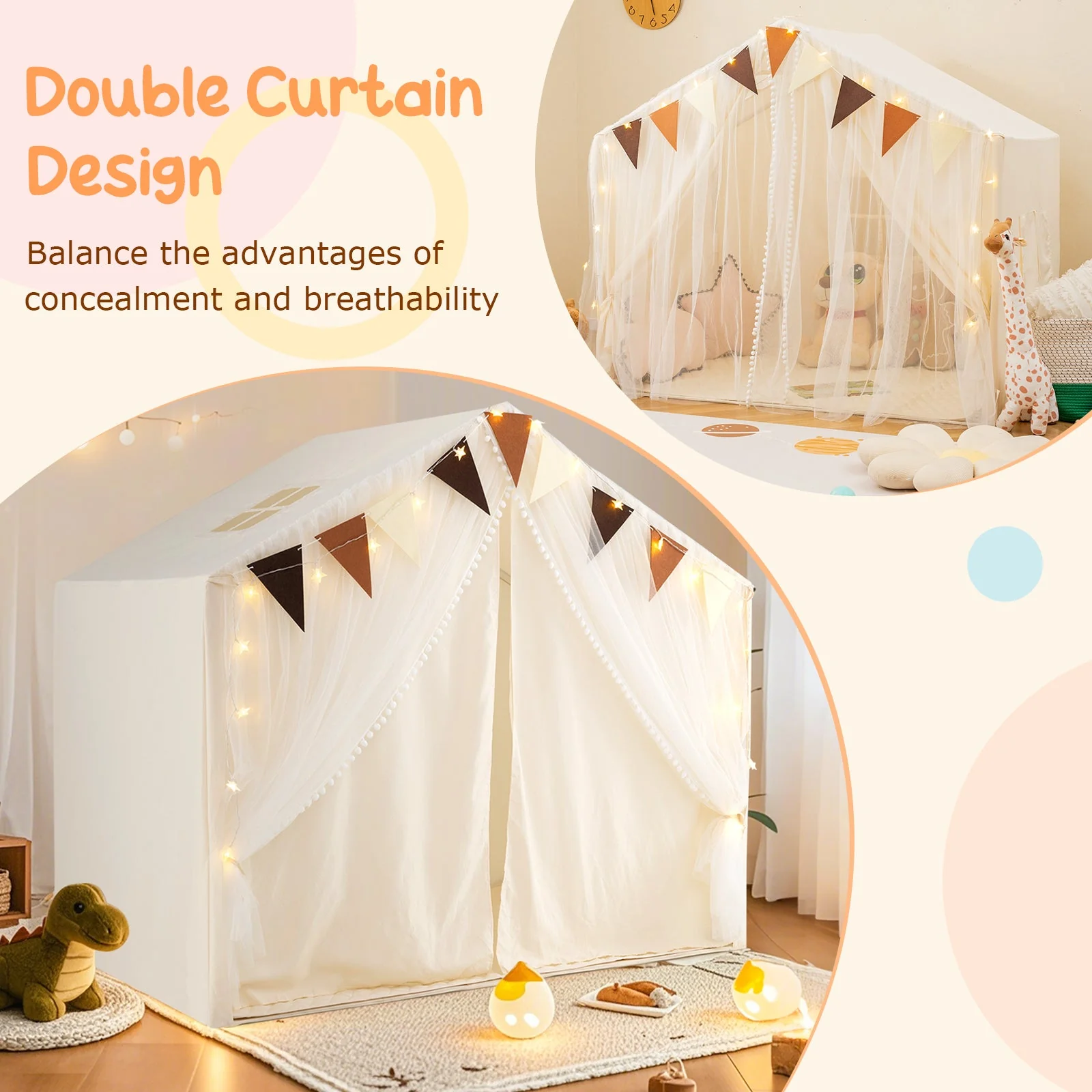 Large Toddler Playhouse Tent with Door Curtains Windows-Beige - Image 8