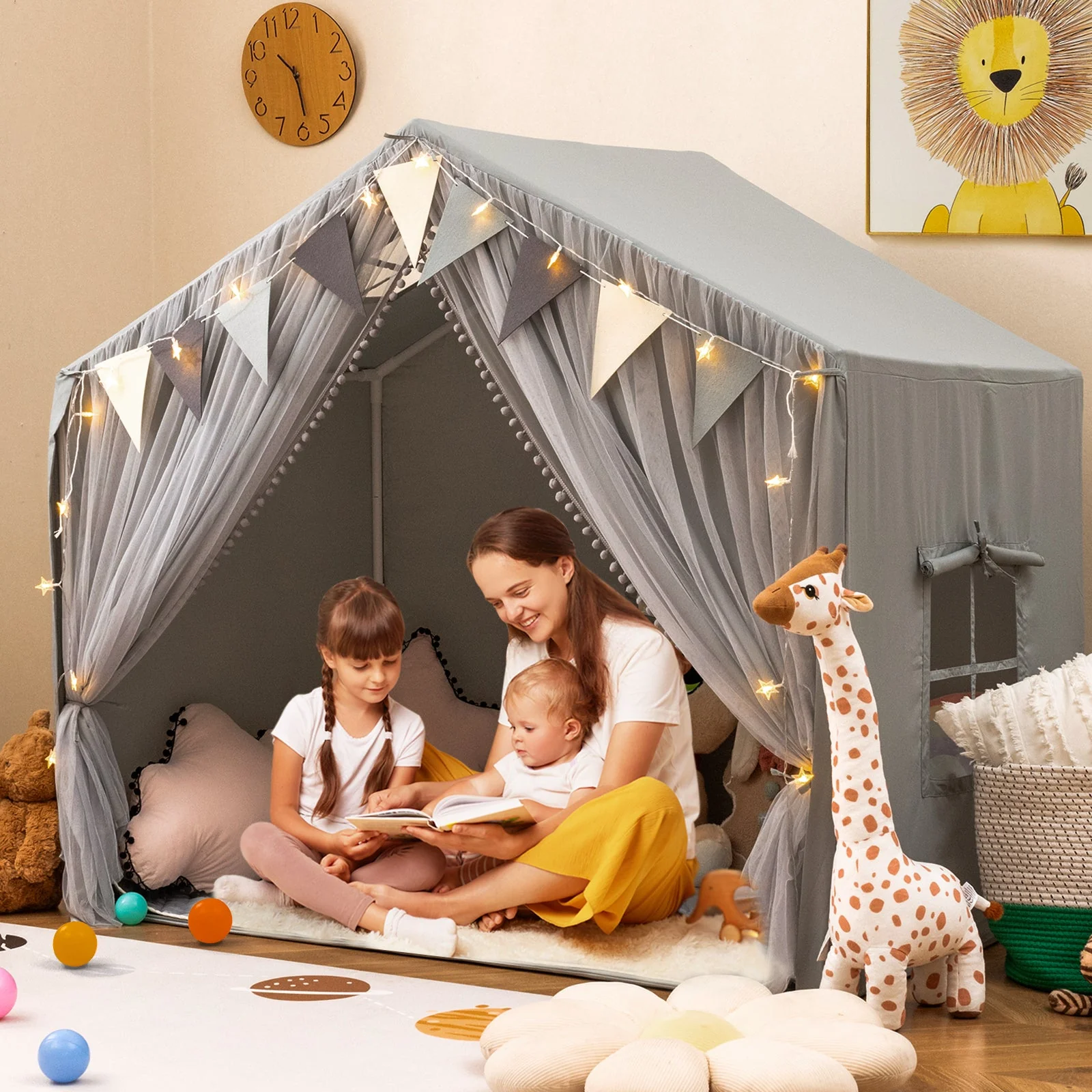 Large Toddler Playhouse Tent with Door Curtains Windows-Gray - Image 2