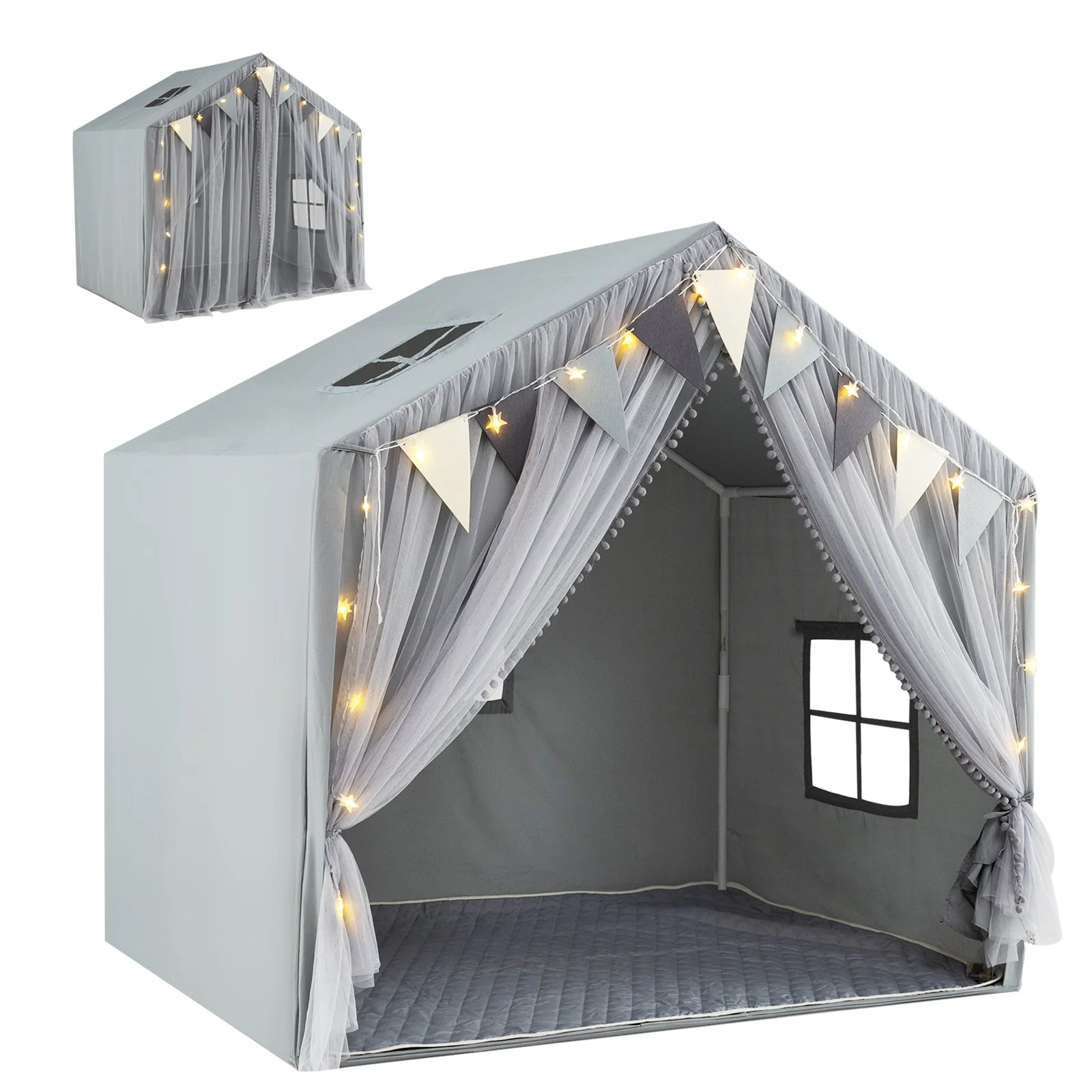 Large Toddler Playhouse Tent with Door Curtains Windows-Gray - Image 3