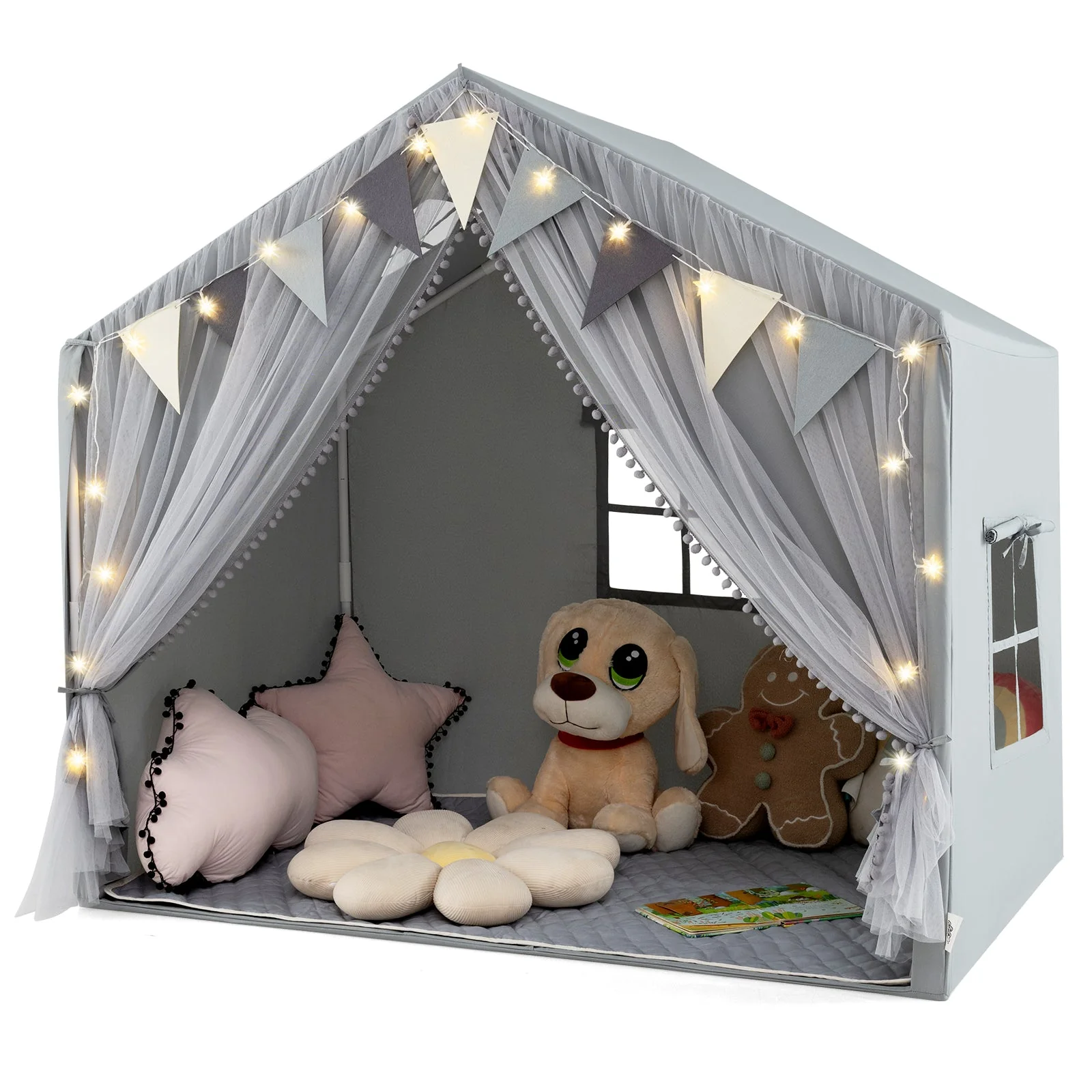 Large Toddler Playhouse Tent with Door Curtains Windows-Gray - Image 4