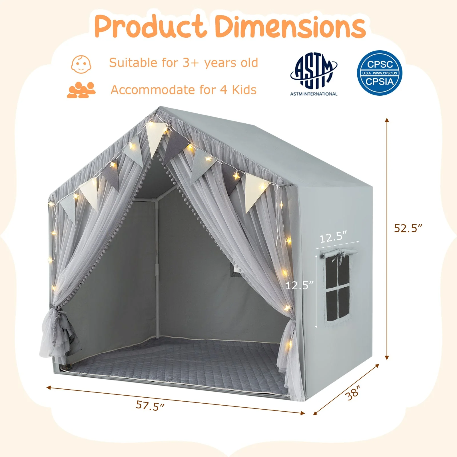 Large Toddler Playhouse Tent with Door Curtains Windows-Gray - Image 5