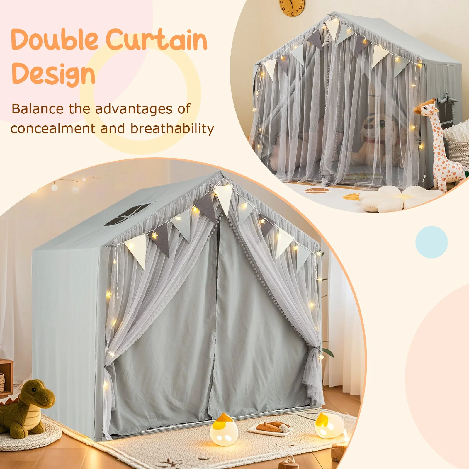 Large Toddler Playhouse Tent with Door Curtains Windows-Gray - Image 6