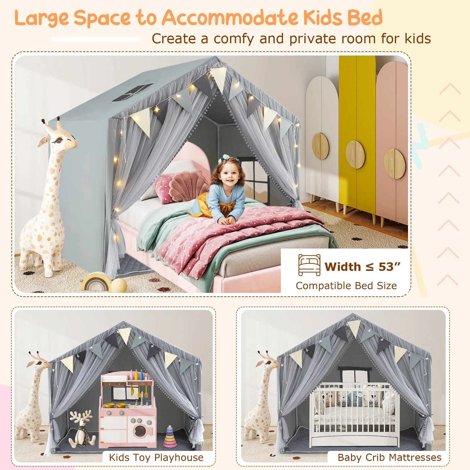 Large Toddler Playhouse Tent with Door Curtains Windows-Gray - Image 7
