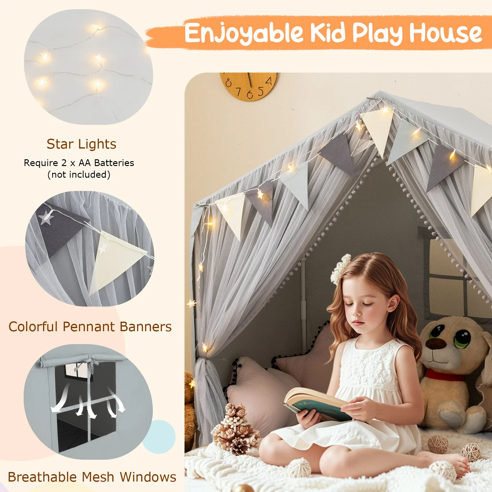 Large Toddler Playhouse Tent with Door Curtains Windows-Gray - Image 8
