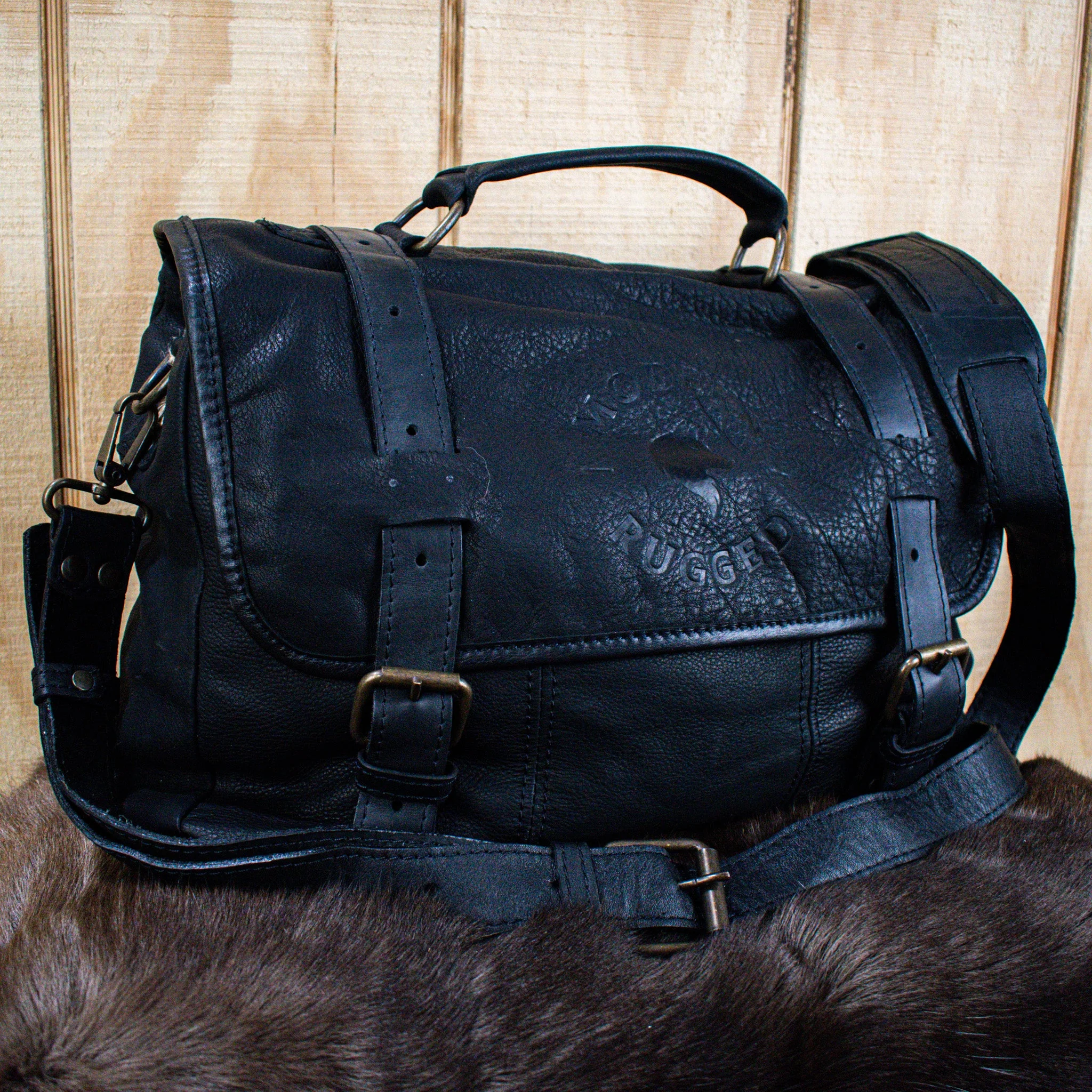 Leather Hide Laptop Bag - Black (Buckles) - Image 4