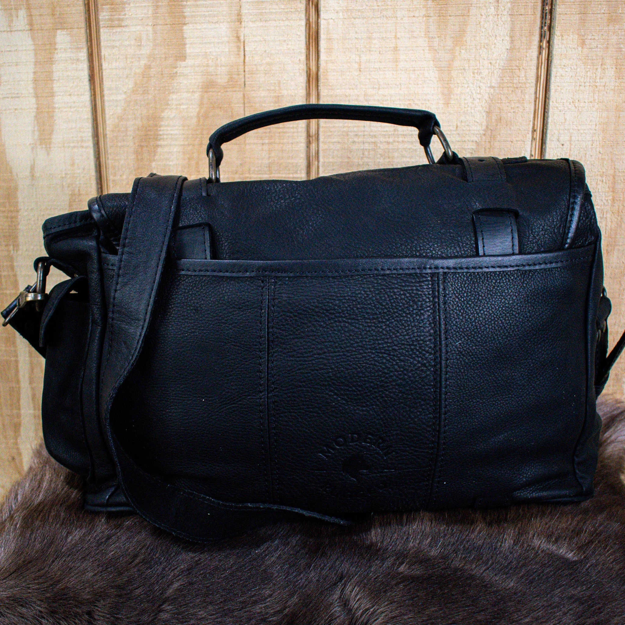 Leather Hide Laptop Bag - Black (Buckles) - Image 5