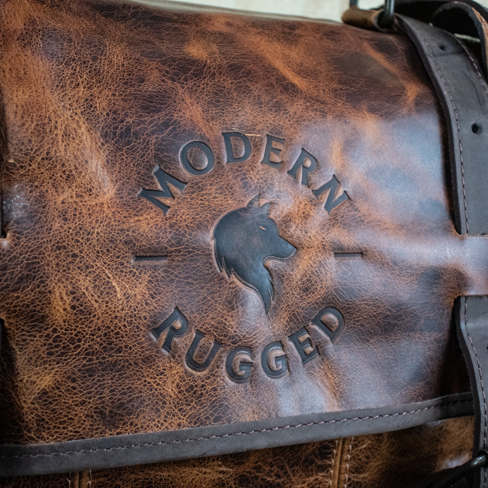 Leather Hide Laptop Bag - Rustic Chestnut and Dark Brown (Buckles) - Image 2