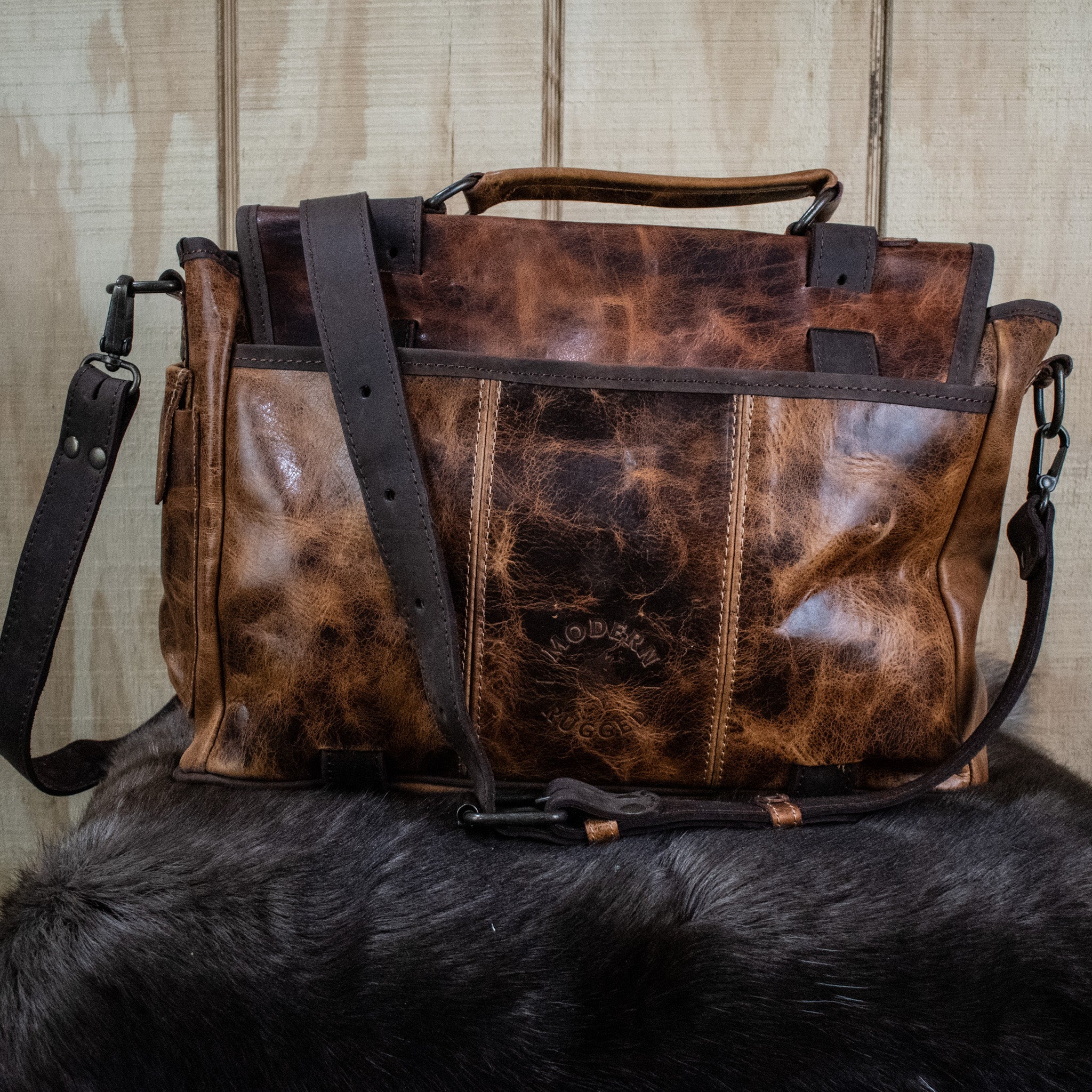 Leather Hide Laptop Bag - Rustic Chestnut and Dark Brown (Buckles) - Image 4