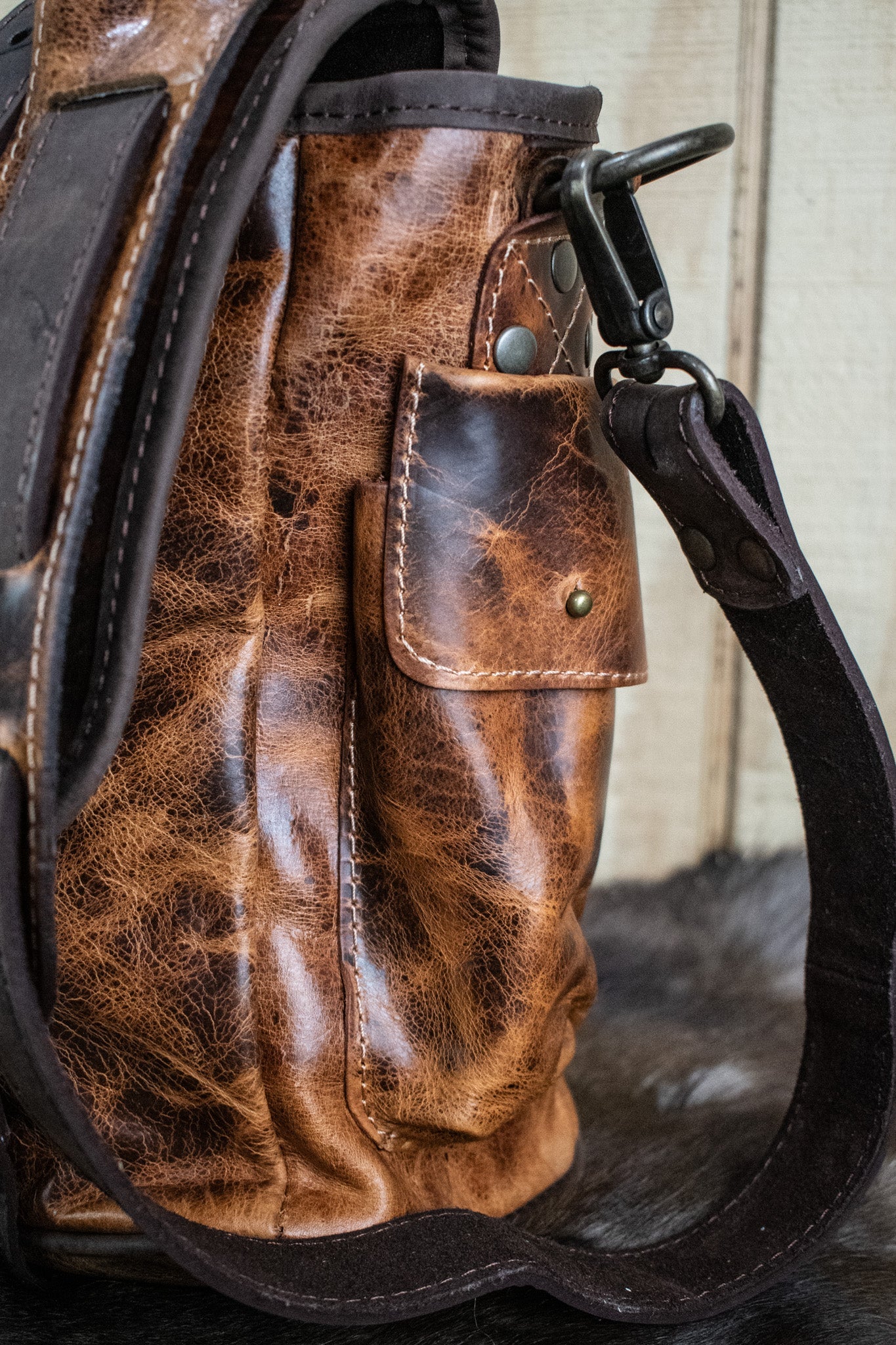 Leather Hide Laptop Bag - Rustic Chestnut and Dark Brown (Buckles) - Image 5