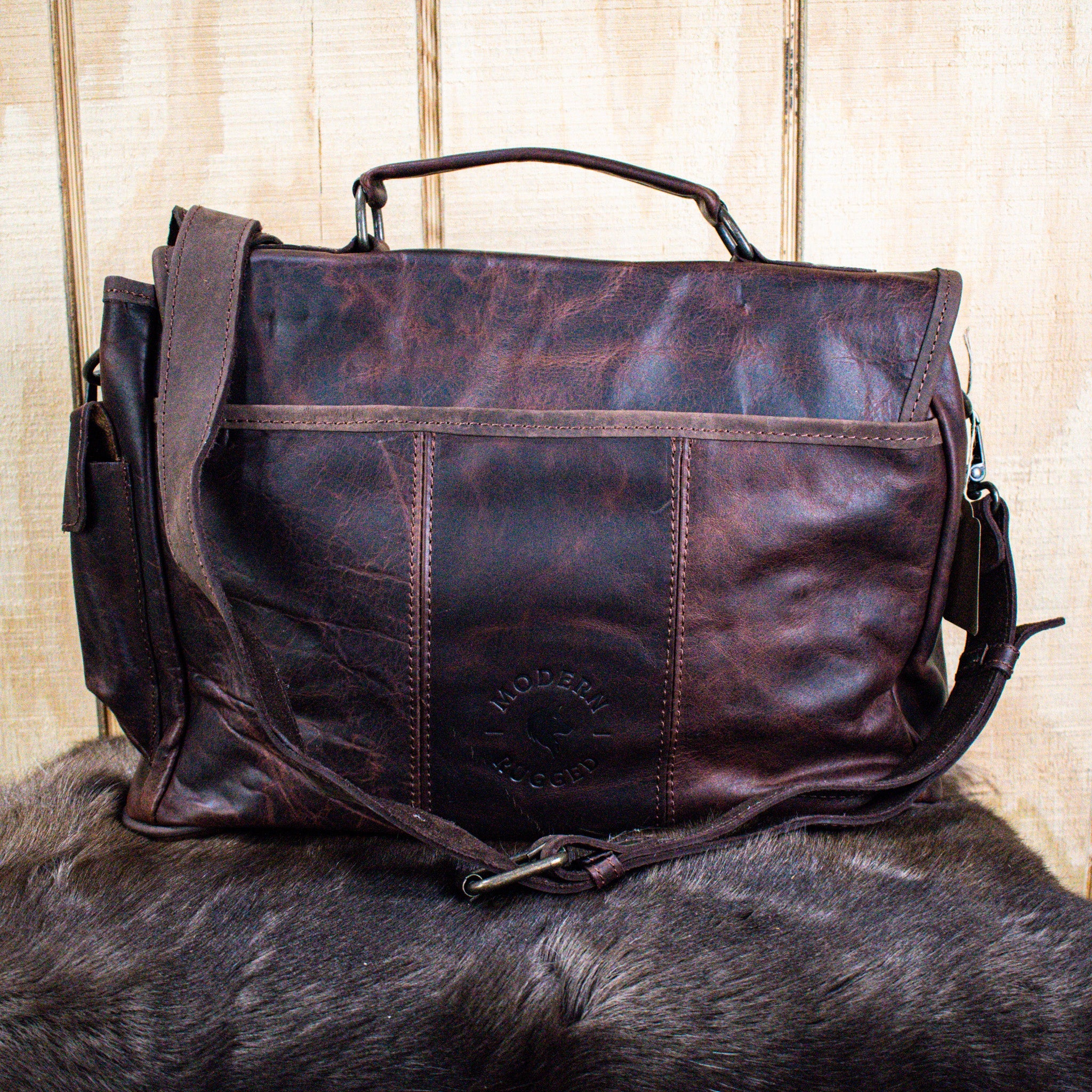 Leather Hide Laptop Bag - Rustic Mahogany and Brown (Clasps) - Image 5