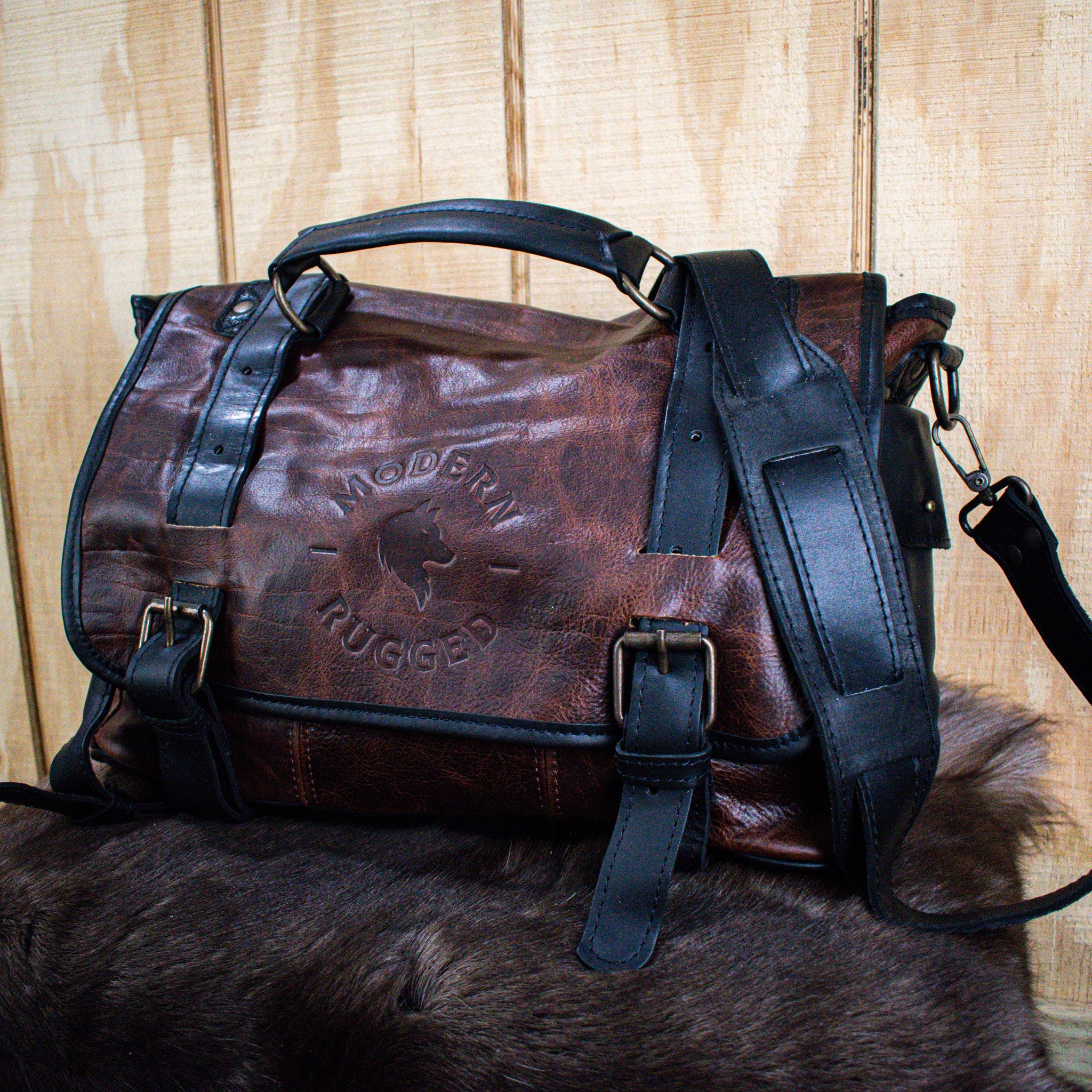 Leather Hide Laptop Bag - Rustic Merlot and Black (Buckles) - Image 3