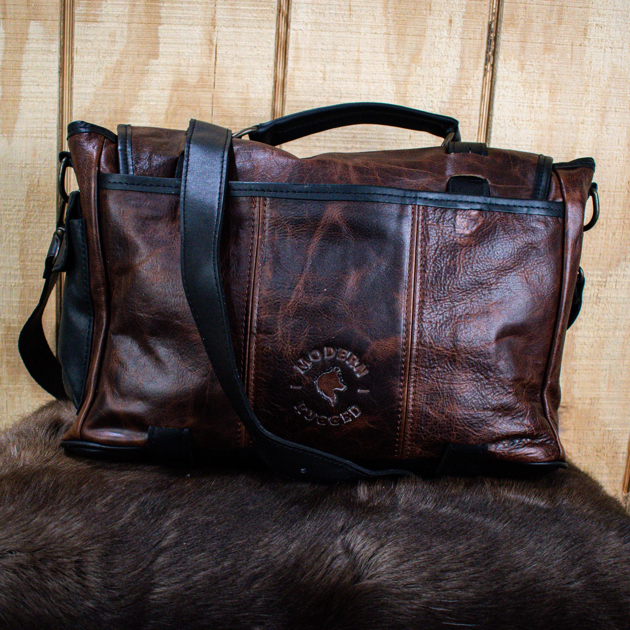 Leather Hide Laptop Bag - Rustic Merlot and Black (Buckles) - Image 4