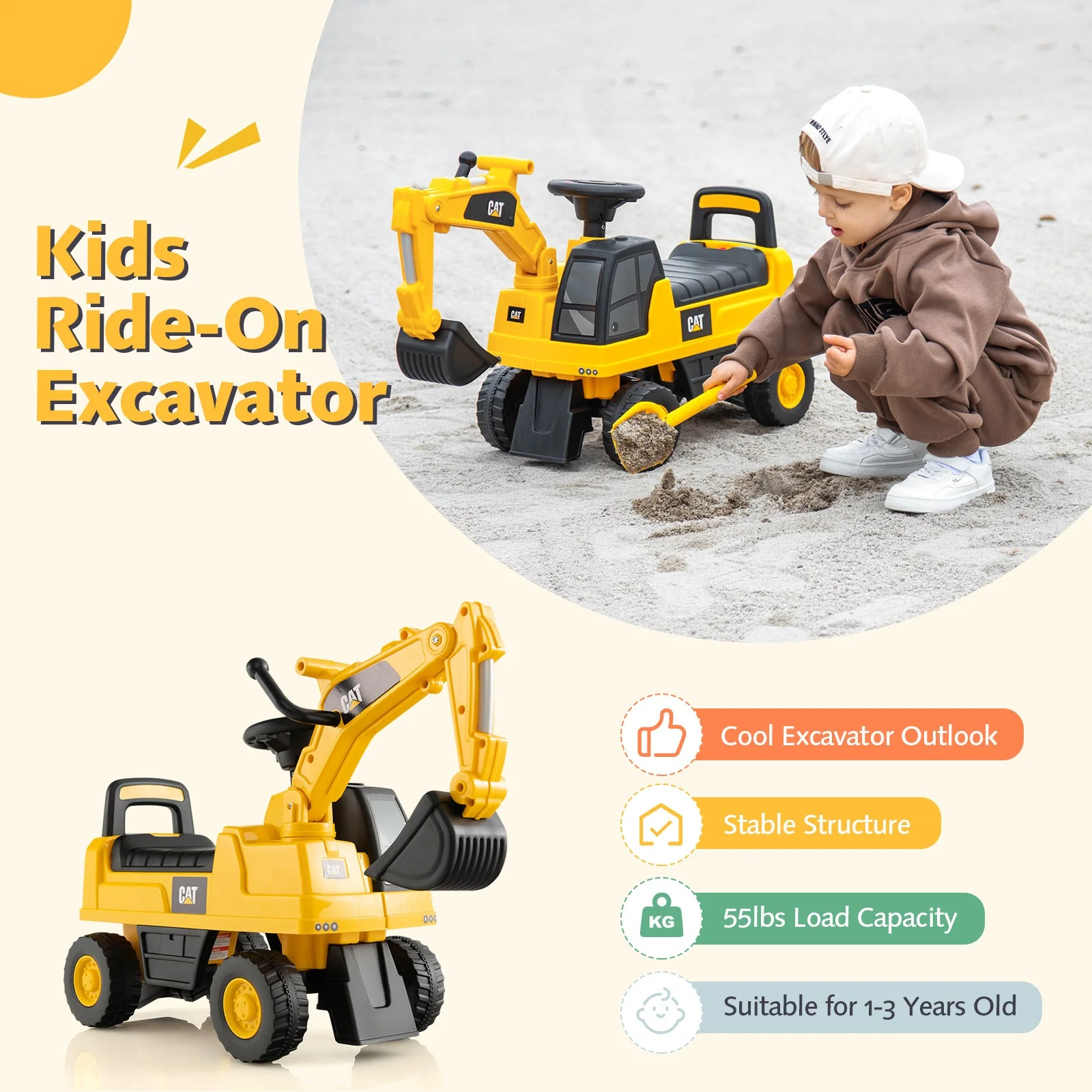 Licensed Caterpillar Kids Ride-On Digger-Yellow - Image 6