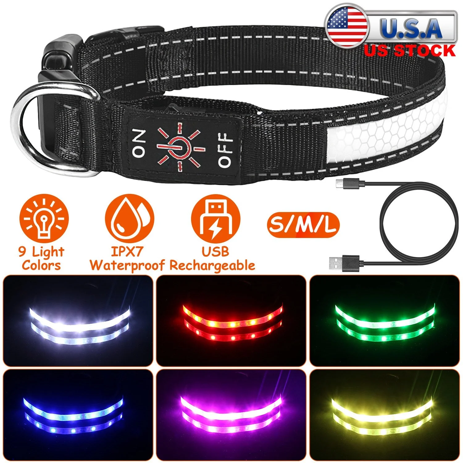 Light Up Dog Collar LED Dog Collar Safety Night Glowing Dog Collar with 9 Light Colors IPX7 Waterproof USB Rechargeable S/M/L - Image 3