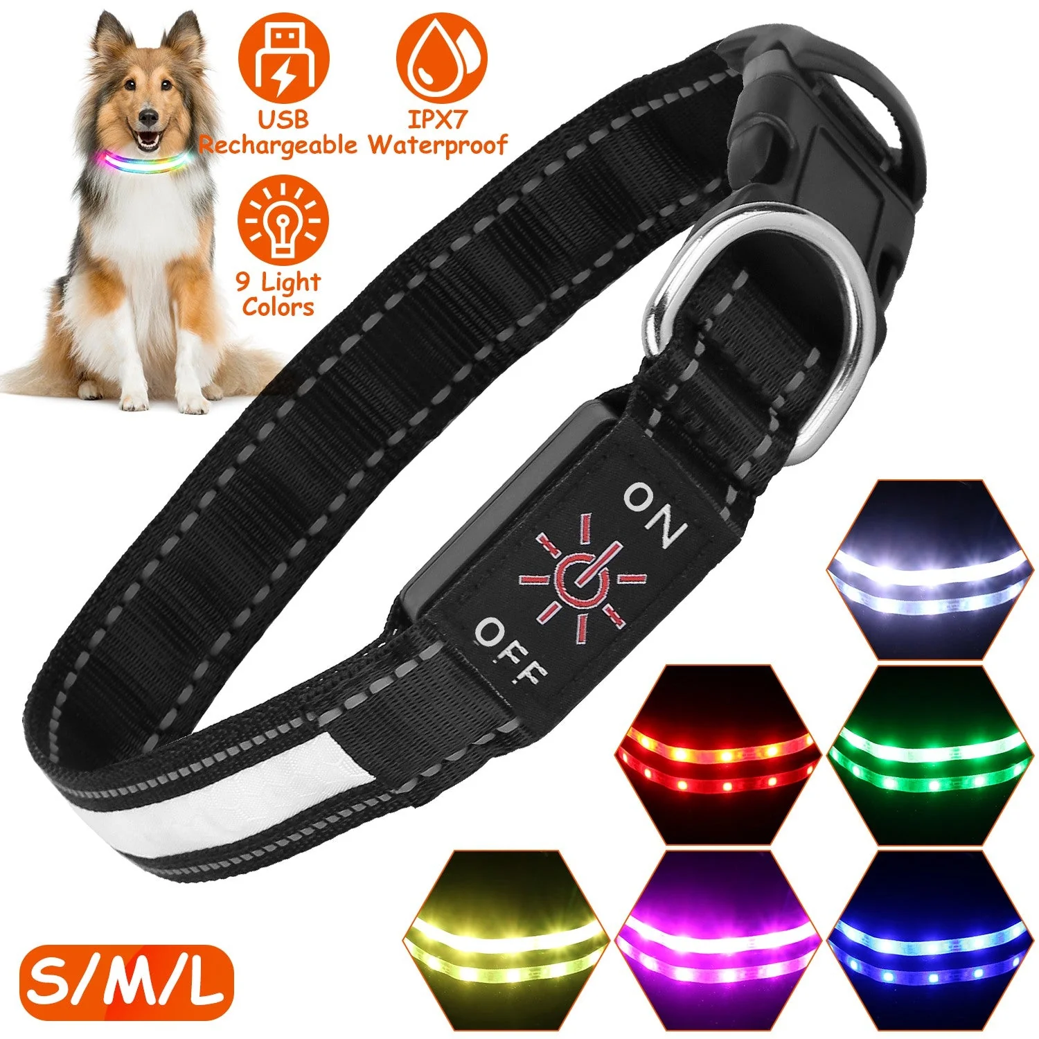 Light Up Dog Collar LED Dog Collar Safety Night Glowing Dog Collar with 9 Light Colors IPX7 Waterproof USB Rechargeable S/M/L - Image 4