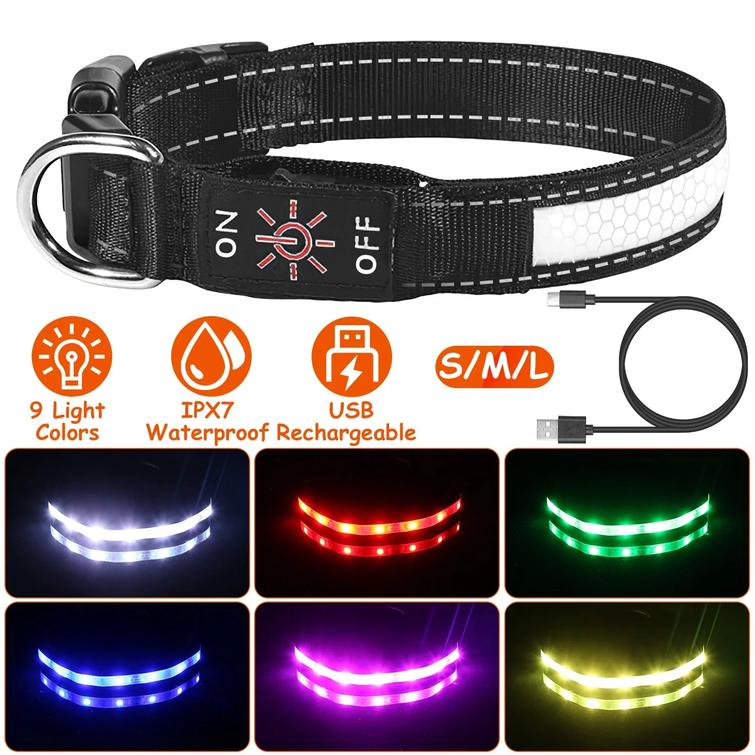 Light Up Dog Collar LED Dog Collar Safety Night Glowing Dog Collar with 9 Light Colors IPX7 Waterproof USB Rechargeable S/M/L - Image 2