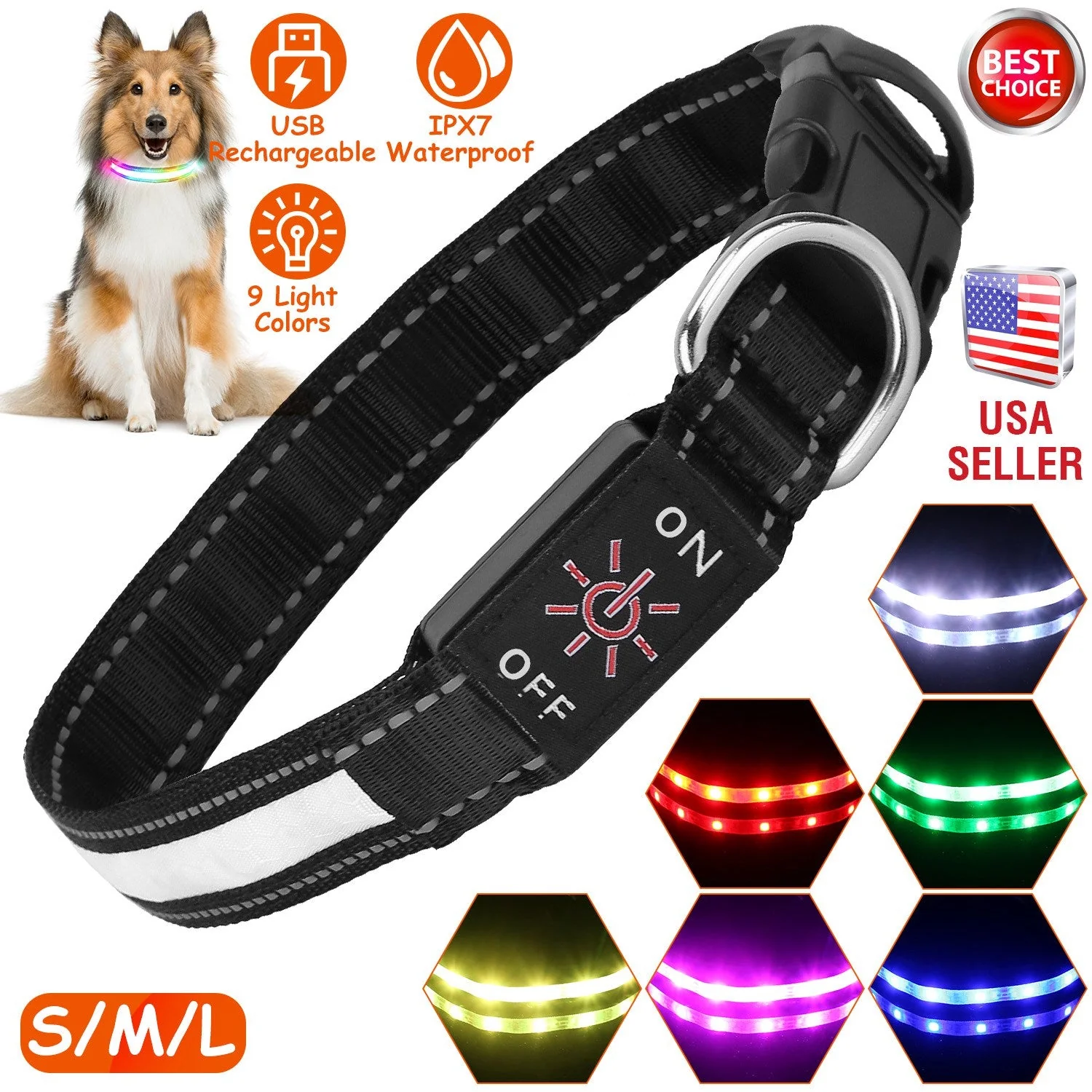 Light Up Dog Collar LED Dog Collar Safety Night Glowing Dog Collar with 9 Light Colors IPX7 Waterproof USB Rechargeable S/M/L - Image 5