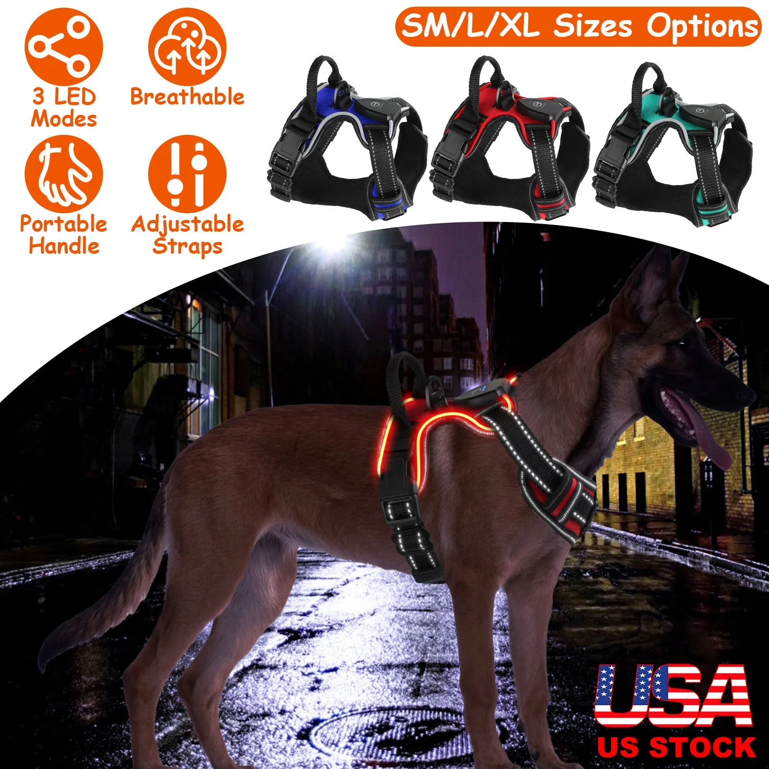 Light Up Dog Harness Rechargeable LED Dog Harness No Pull Lighted Dog Vest with Handle for Small/Medium/Large Dogs - Image 3