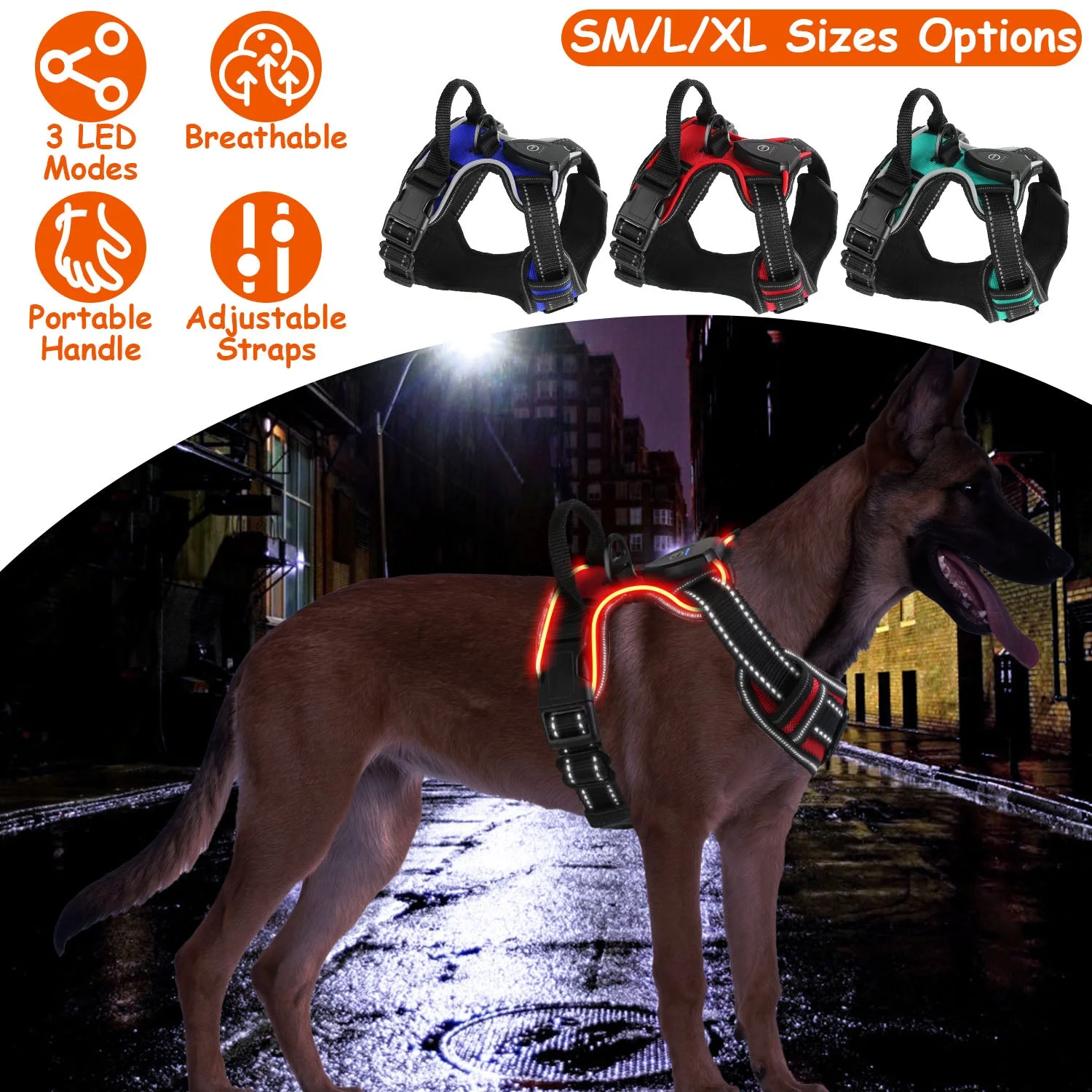Light Up Dog Harness Rechargeable LED Dog Harness No Pull Lighted Dog Vest with Handle for Small/Medium/Large Dogs - Image 2