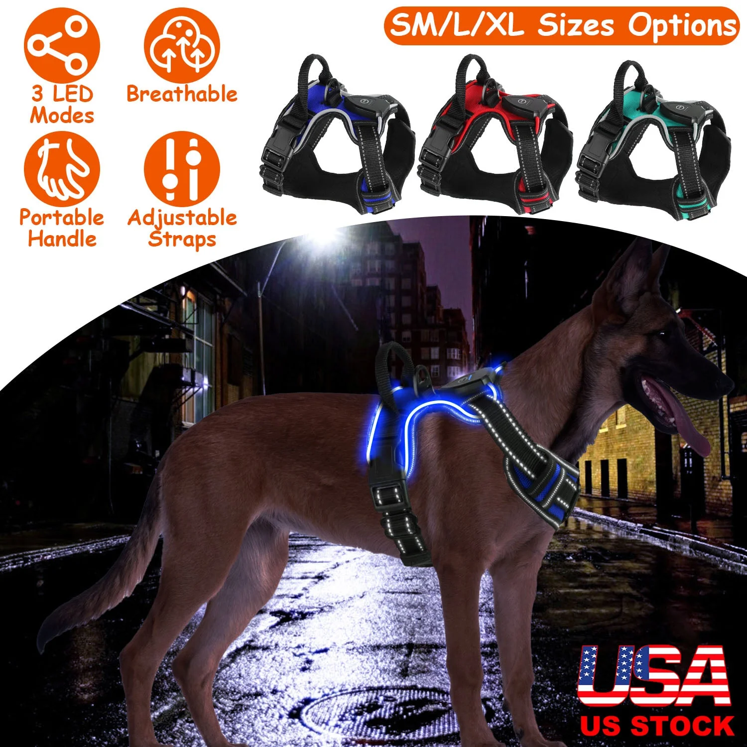 Light Up Dog Harness Rechargeable LED Dog Harness No Pull Lighted Dog Vest with Handle for Small/Medium/Large Dogs - Image 3