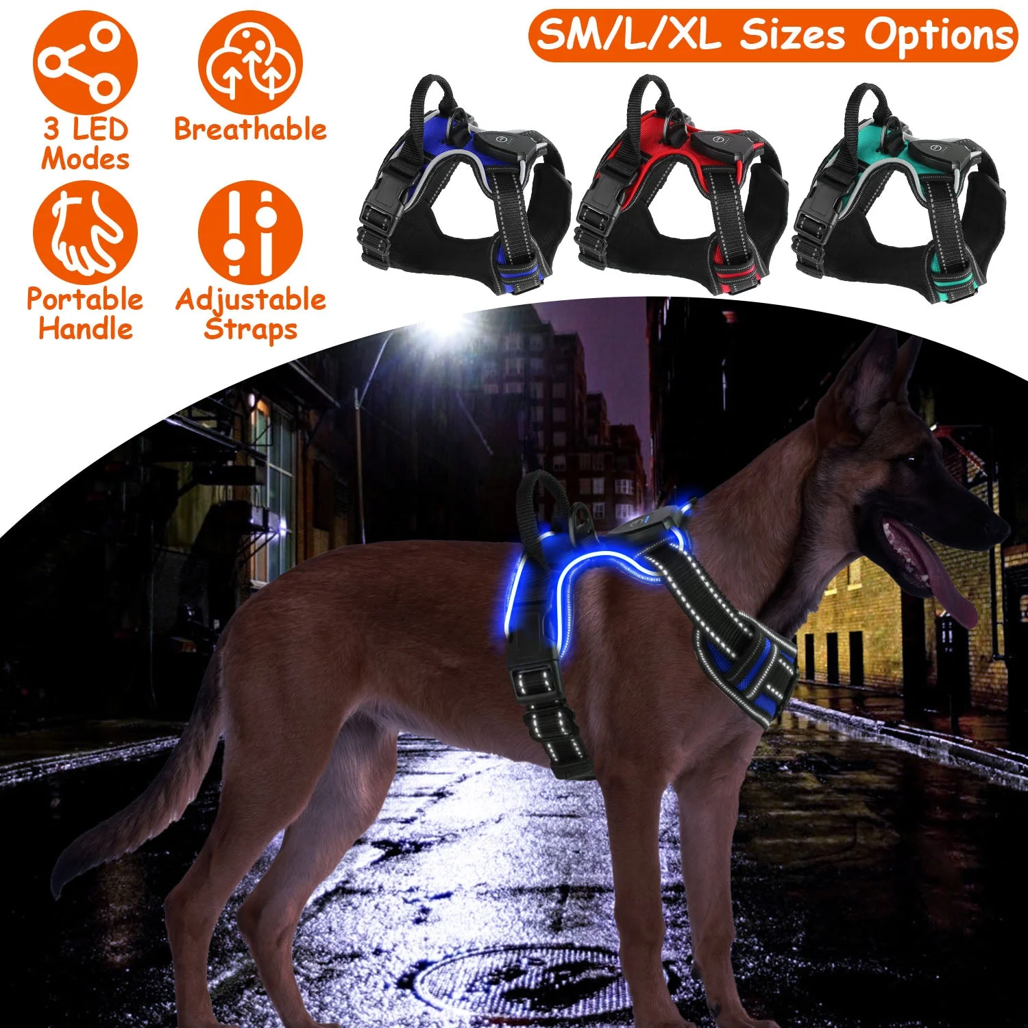 Light Up Dog Harness Rechargeable LED Dog Harness No Pull Lighted Dog Vest with Handle for Small/Medium/Large Dogs - Image 2