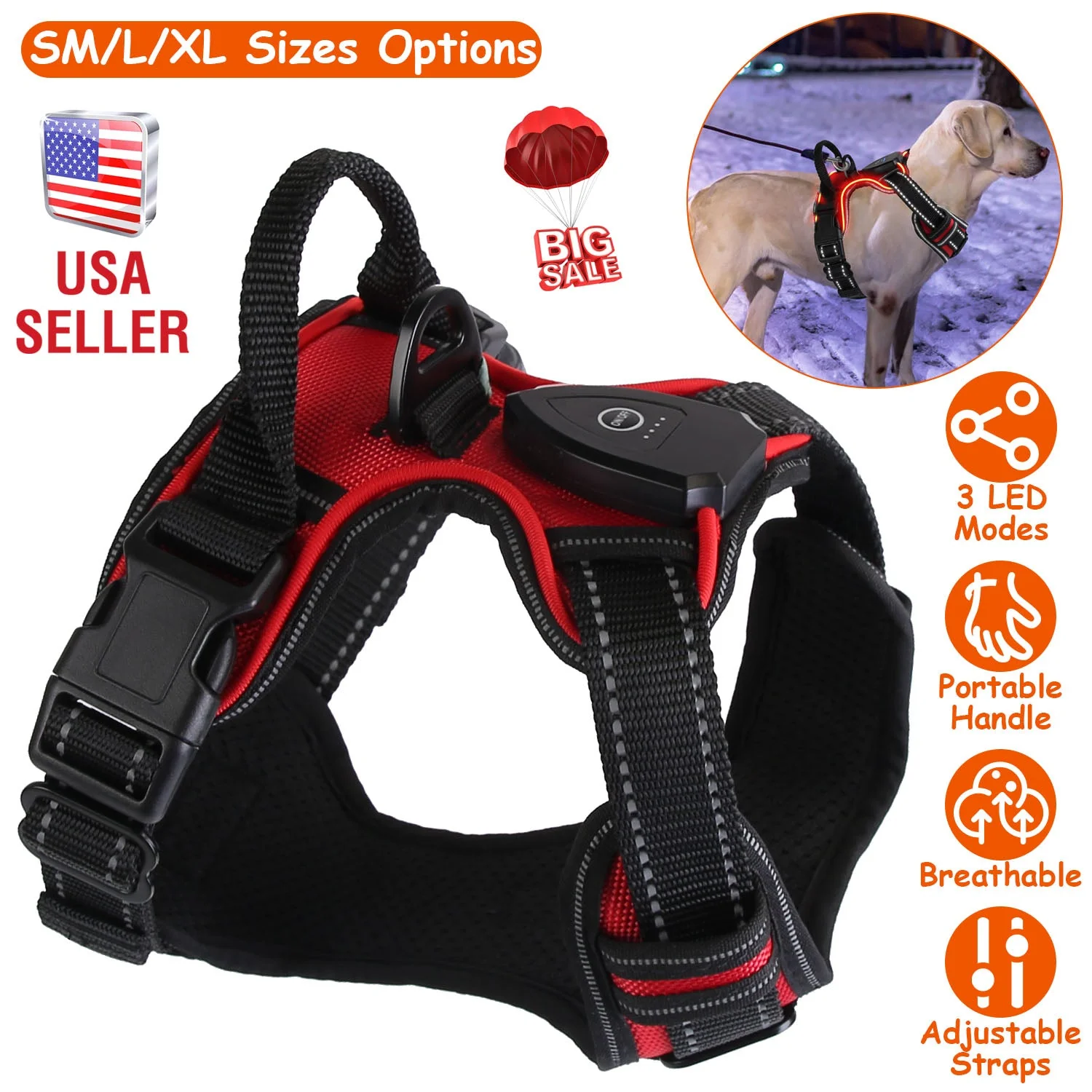 Light Up Dog Harness Rechargeable LED Dog Harness No Pull Lighted Dog Vest with Handle for Small/Medium/Large Dogs - Image 5
