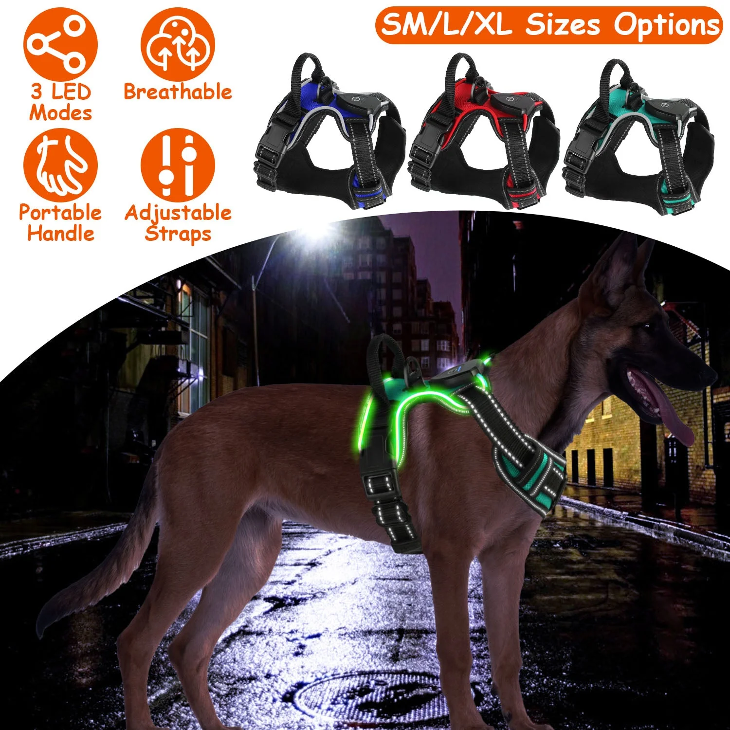 Light Up Dog Harness Rechargeable LED Dog Harness No Pull Lighted Dog Vest with Handle for Small/Medium/Large Dogs - Image 2