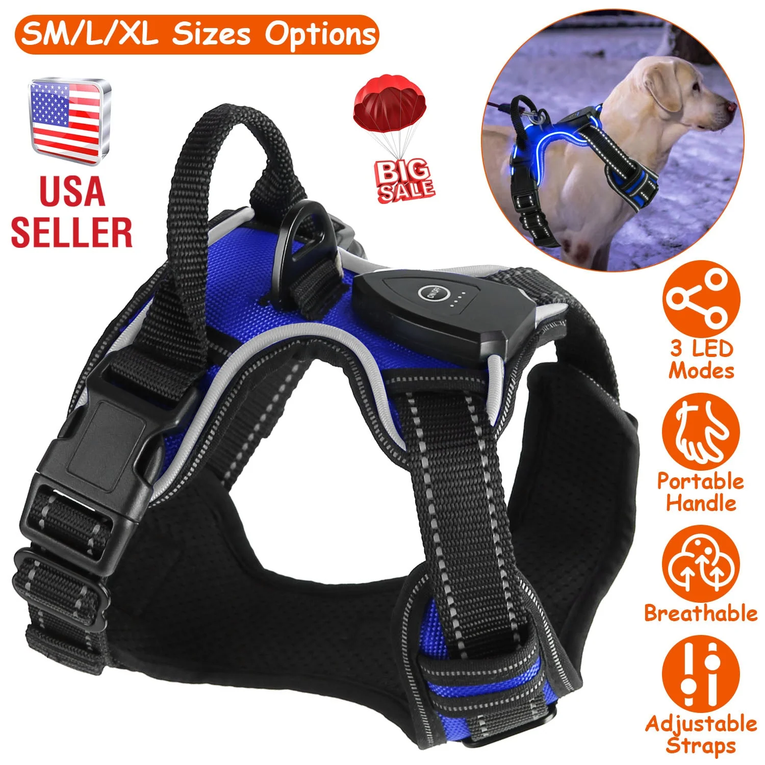 Light Up Dog Harness Rechargeable LED Dog Harness No Pull Lighted Dog Vest with Handle for Small/Medium/Large Dogs - Image 5
