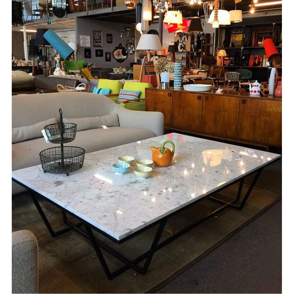 Marble Coffee Table Rectangular Polished Black Metal Legs - Image 3