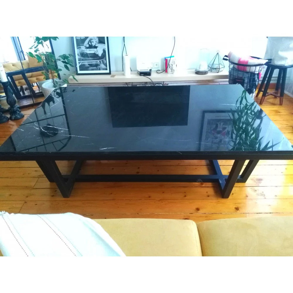 Marble Coffee Table Rectangular Polished Black Metal Legs - Image 4
