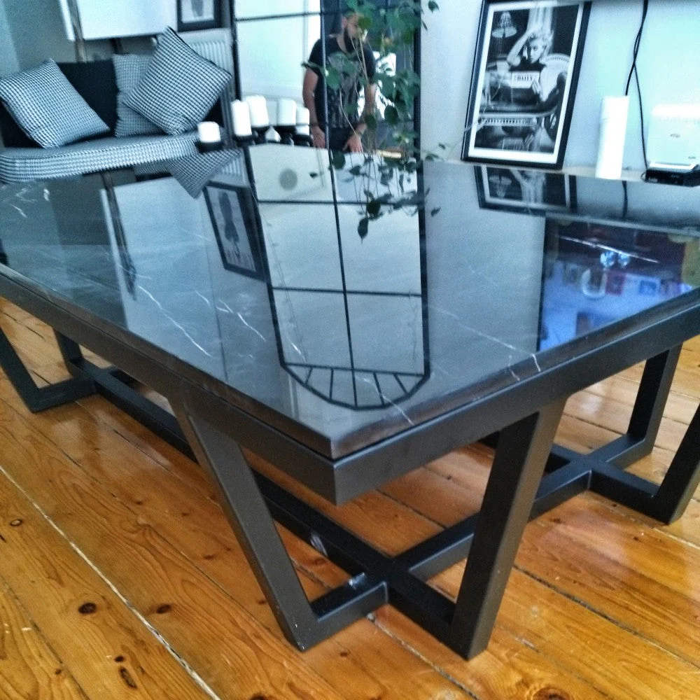 Marble Coffee Table Rectangular Polished Black Metal Legs - Image 5