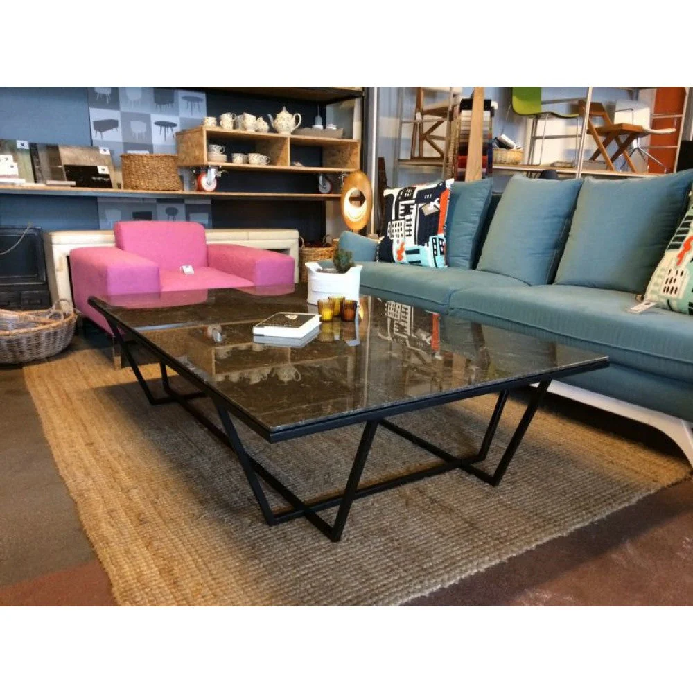 Marble Coffee Table Rectangular Polished Black Metal Legs - Image 6