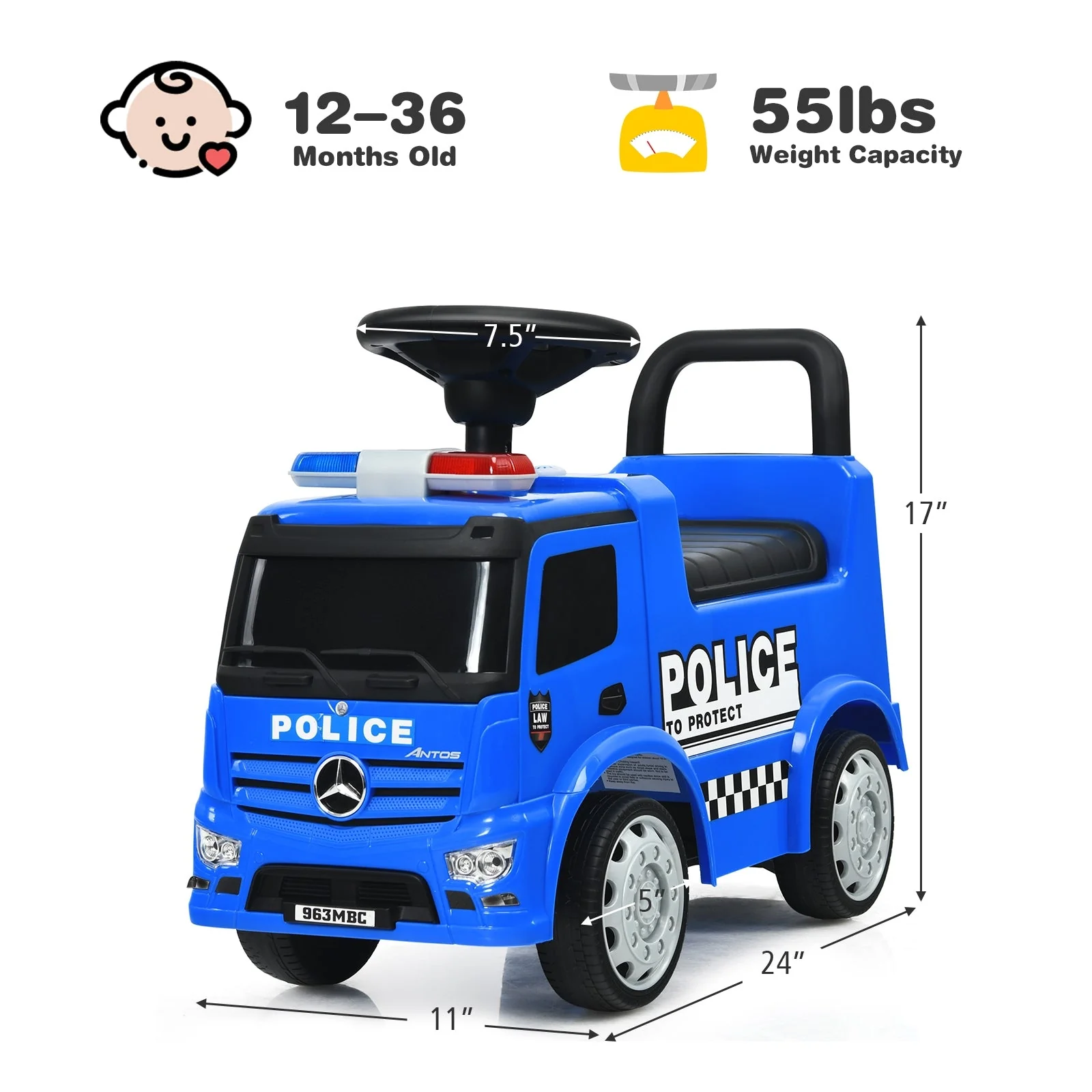 Mercedes Benz Kids Ride On Push Licensed Police Car-Blue - Image 5