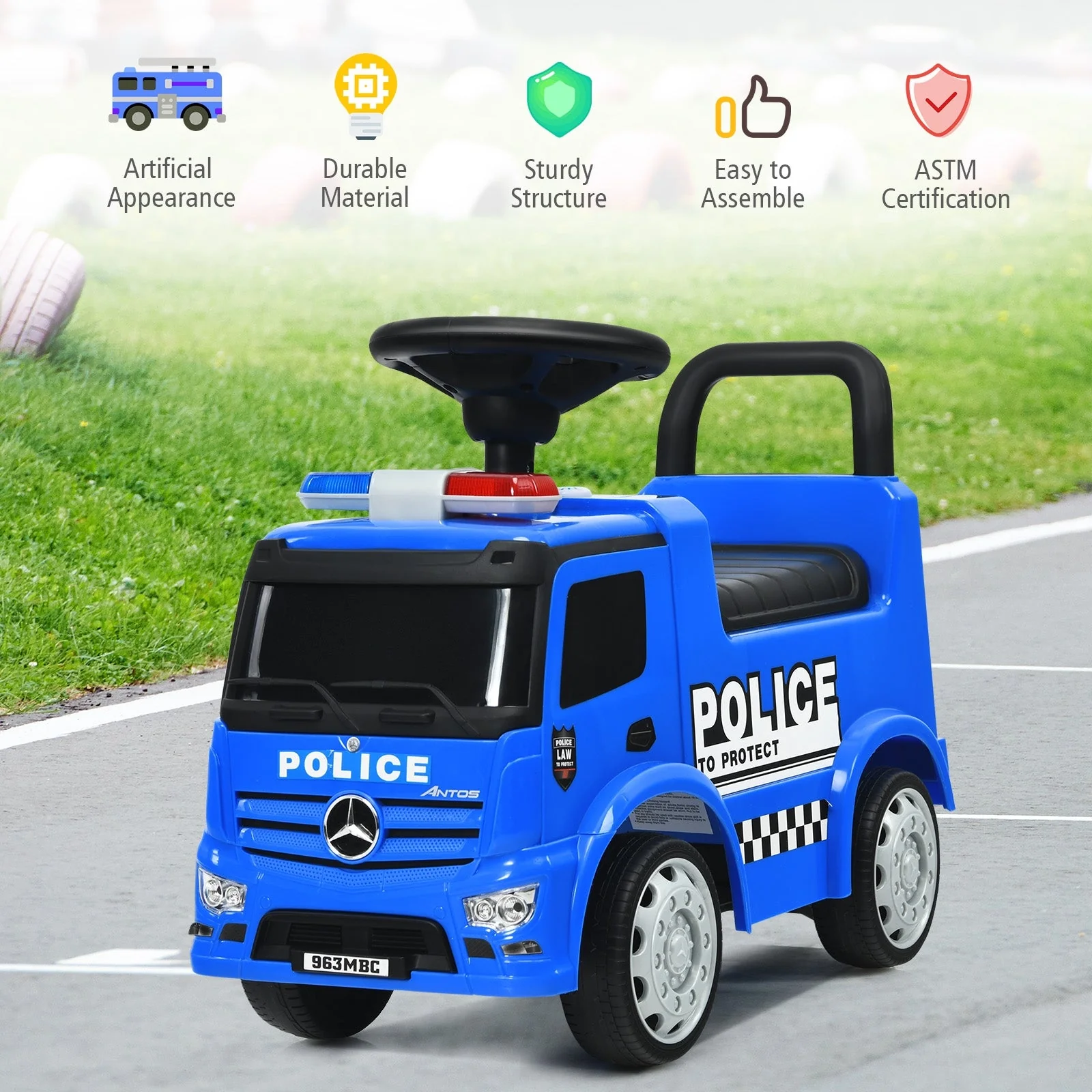 Mercedes Benz Kids Ride On Push Licensed Police Car-Blue - Image 7