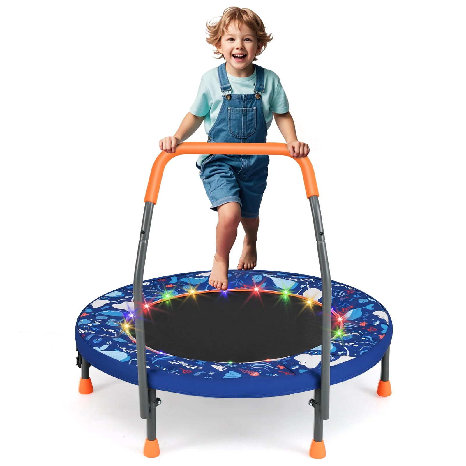 Mini Trampoline Folding Small Rebounder for Kids with Lights-Navy - Image 3