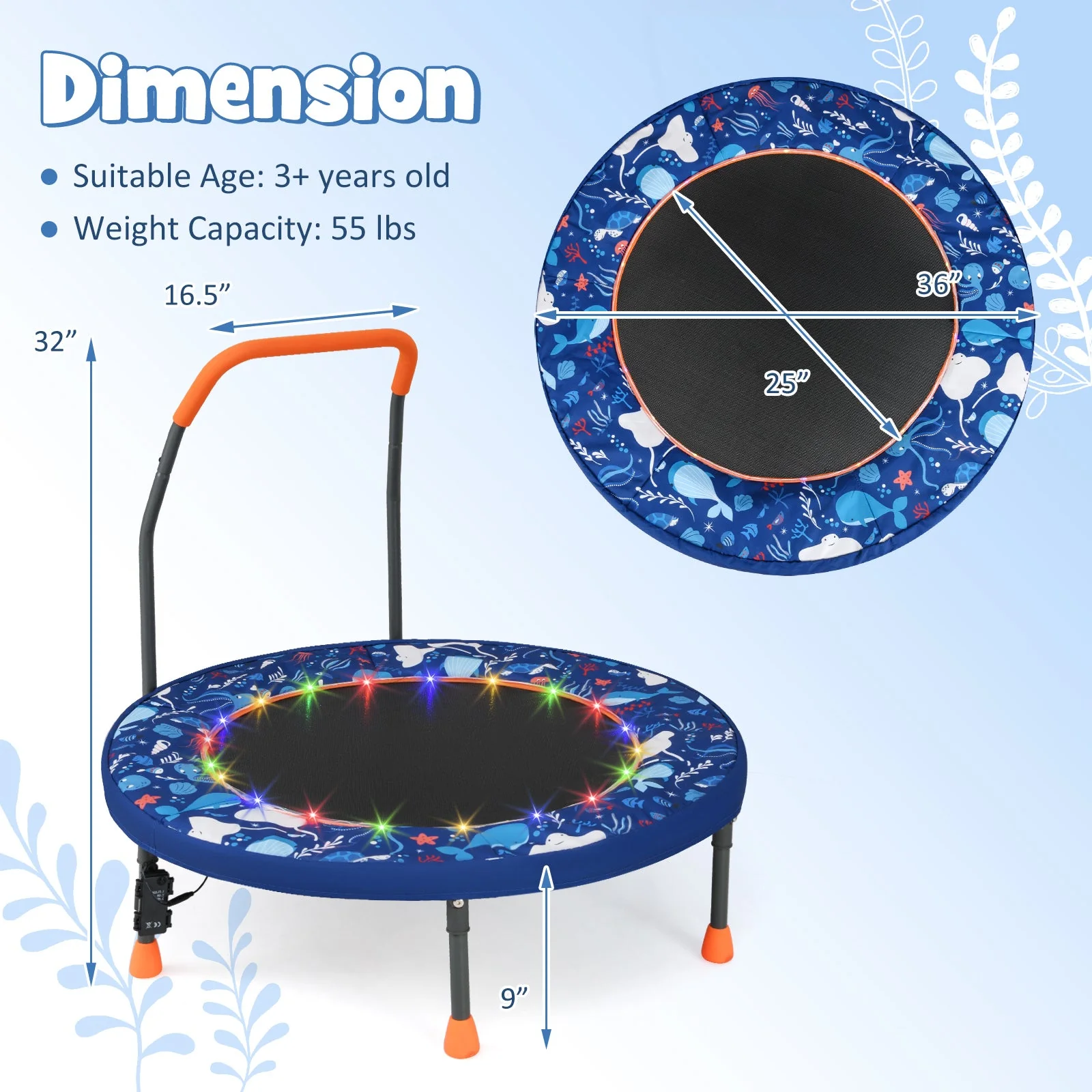 Mini Trampoline Folding Small Rebounder for Kids with Lights-Navy - Image 4