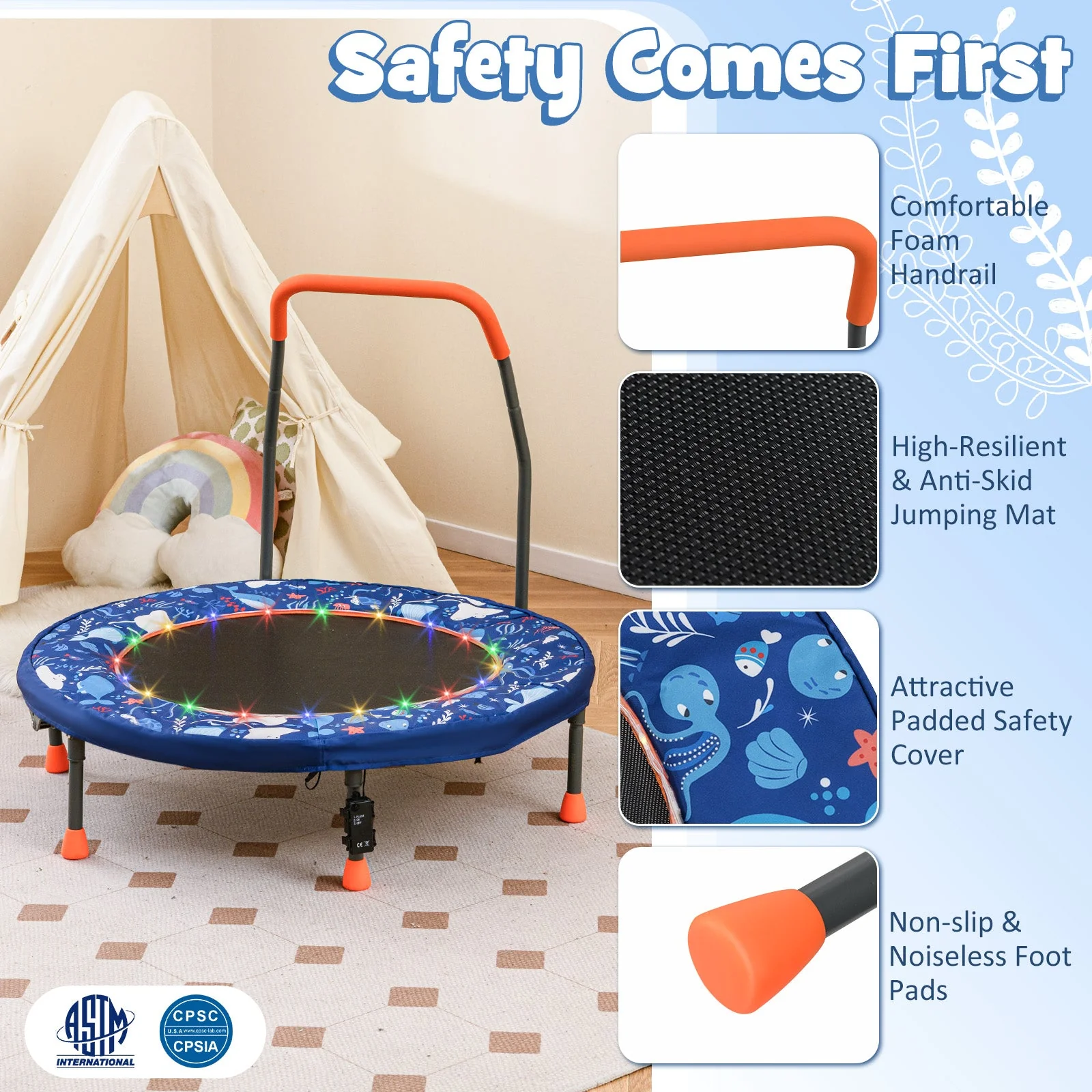 Mini Trampoline Folding Small Rebounder for Kids with Lights-Navy - Image 5