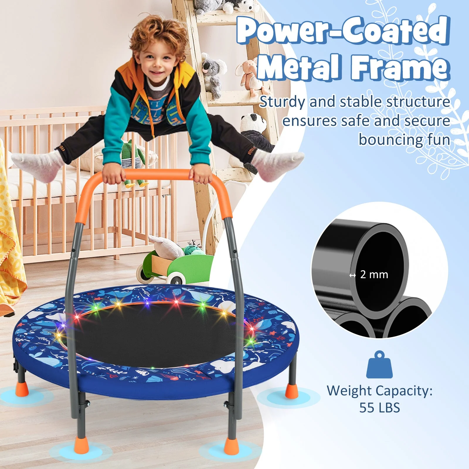 Mini Trampoline Folding Small Rebounder for Kids with Lights-Navy - Image 8