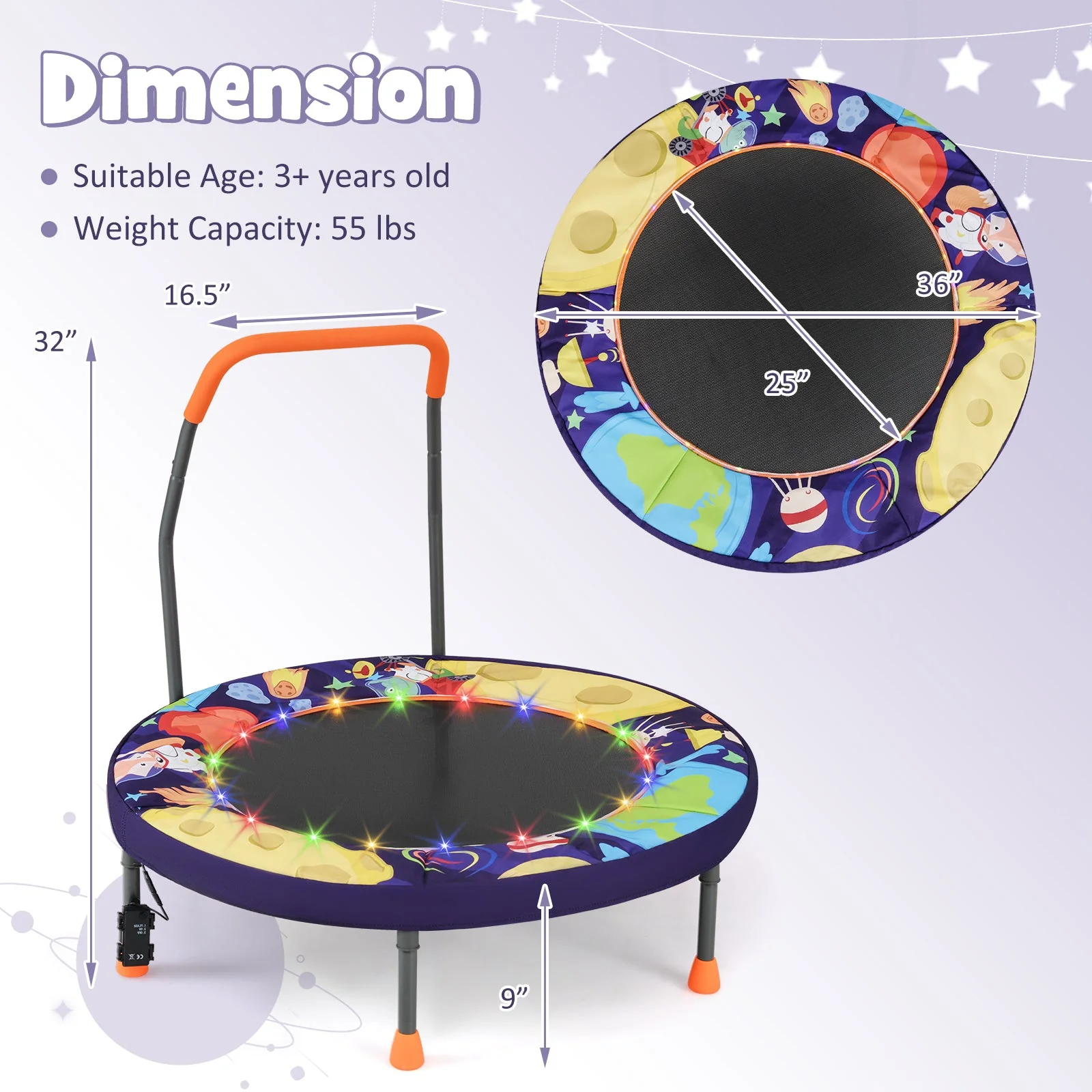 Mini Trampoline Folding Small Rebounder for Kids with Lights-Purple - Image 4