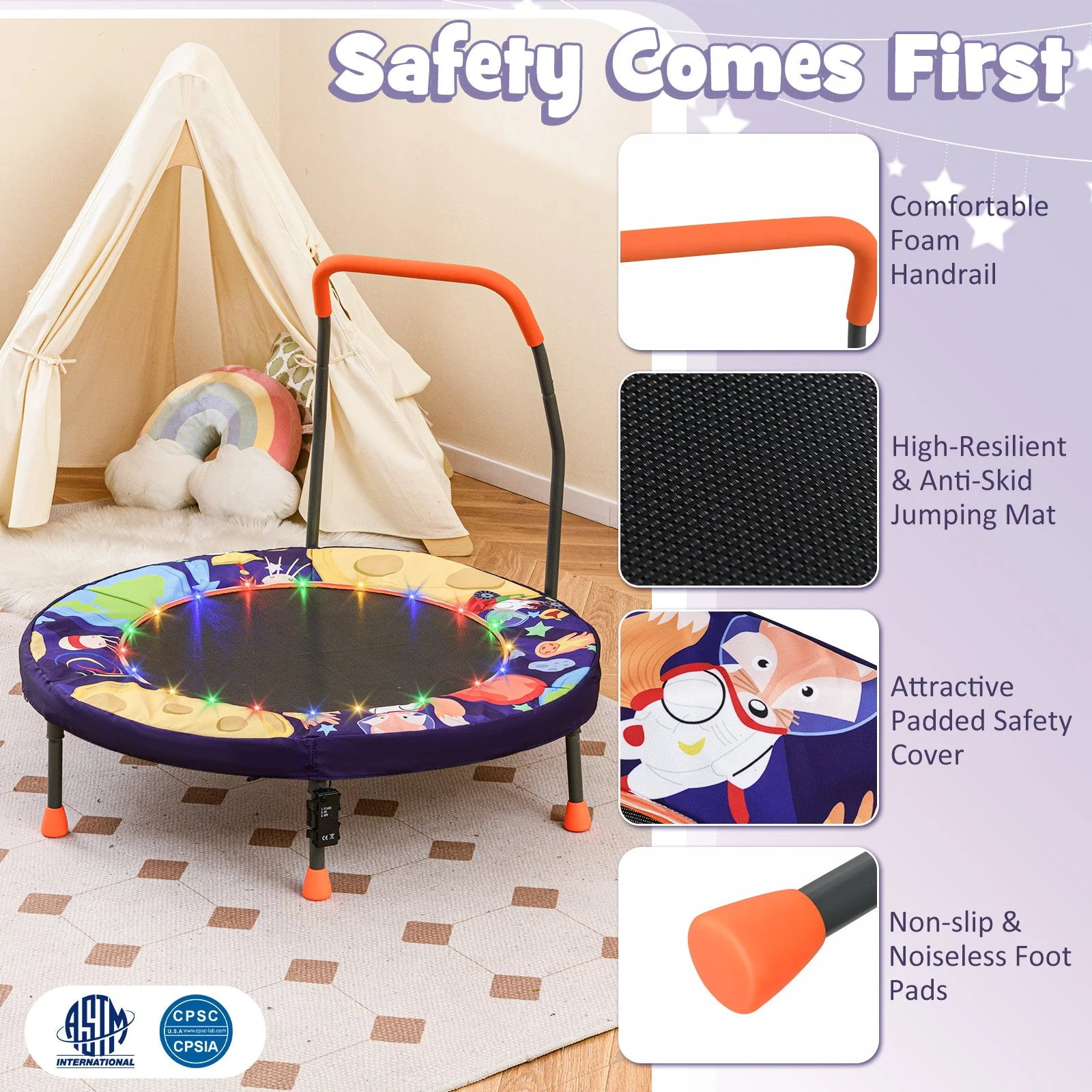 Mini Trampoline Folding Small Rebounder for Kids with Lights-Purple - Image 5