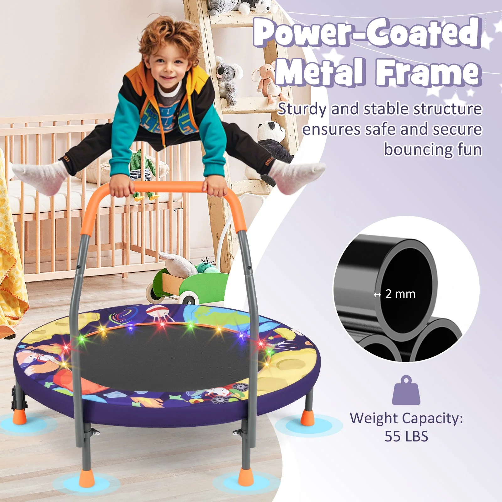 Mini Trampoline Folding Small Rebounder for Kids with Lights-Purple - Image 8