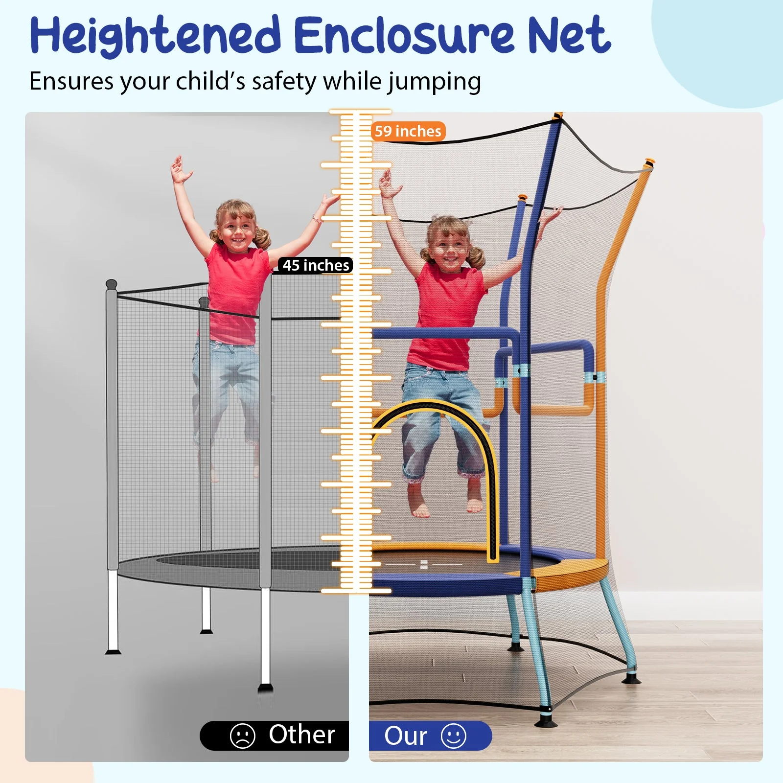 Mini Trampoline for Kids with Safety Enclosure Net and Foam Handles-Orange - Image 6