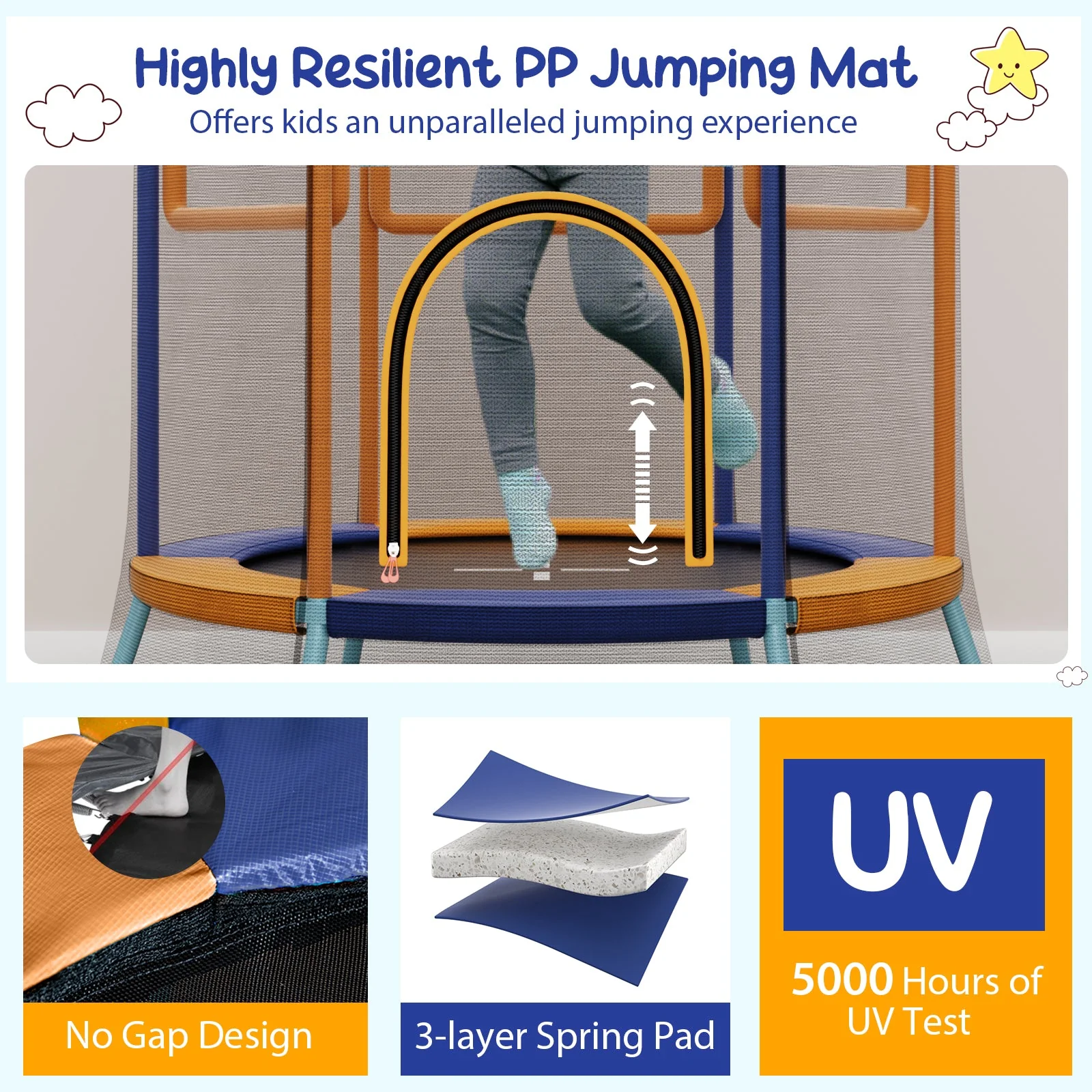 Mini Trampoline for Kids with Safety Enclosure Net and Foam Handles-Orange - Image 7