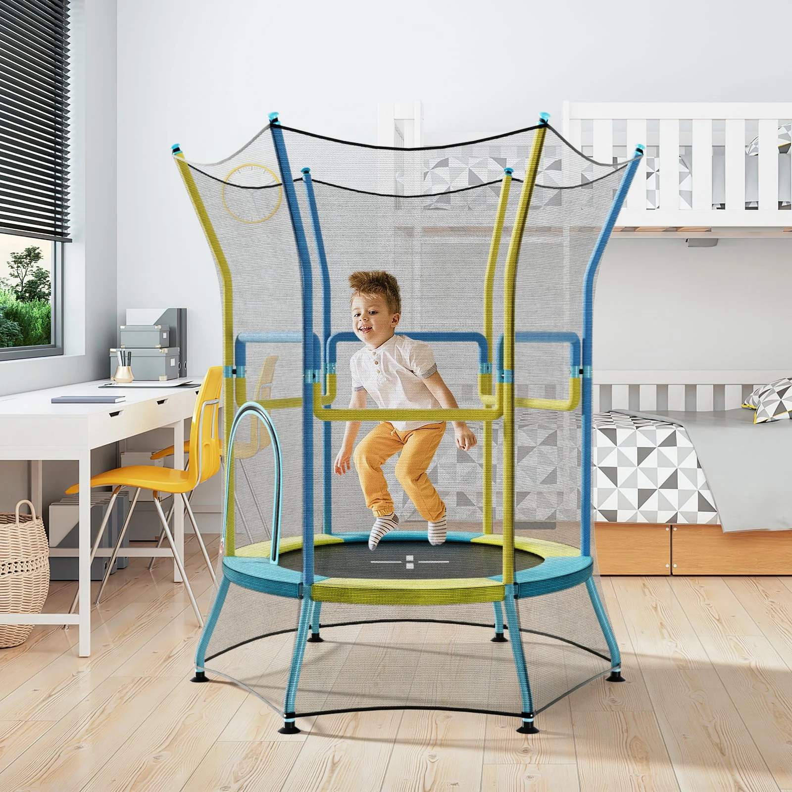 Mini Trampoline for Kids with Safety Enclosure Net and Foam Handles-Yellow - Image 2