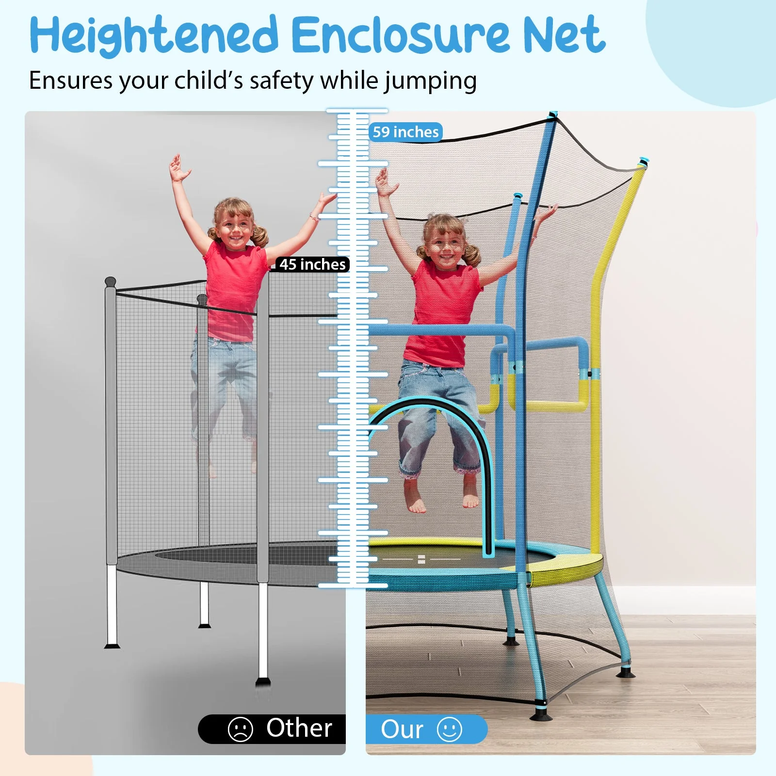 Mini Trampoline for Kids with Safety Enclosure Net and Foam Handles-Yellow - Image 6